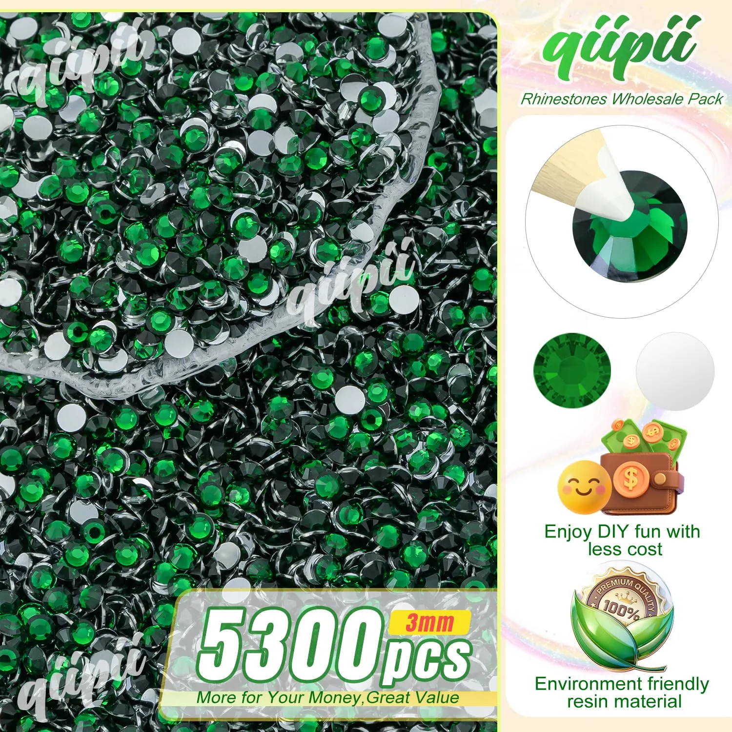 qiipii 5300PCS 3mm Emerald Green Crystal Resin Rhinestones for Crafting Flatback Dark Green Stones Bulk SS10 Non-Hotfix Diamonds Crystals Gems Charms for Nails Face Eyes Makeup Mug Tumblers DIY Crafts