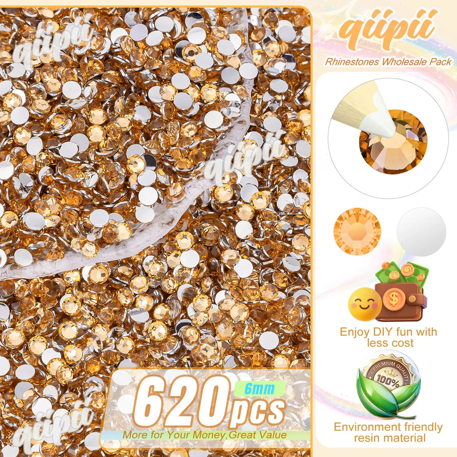 qiipii 620PCS 6mm Caramel Golden Resin Crystal Rhinestones for Crafting SS30 Flatback Rhinestones Bulk Non-Hotfix Stones Diamonds Crystals Gems for Face Eyes Makeup Mugs Tumblers Bottles DIY Crafts