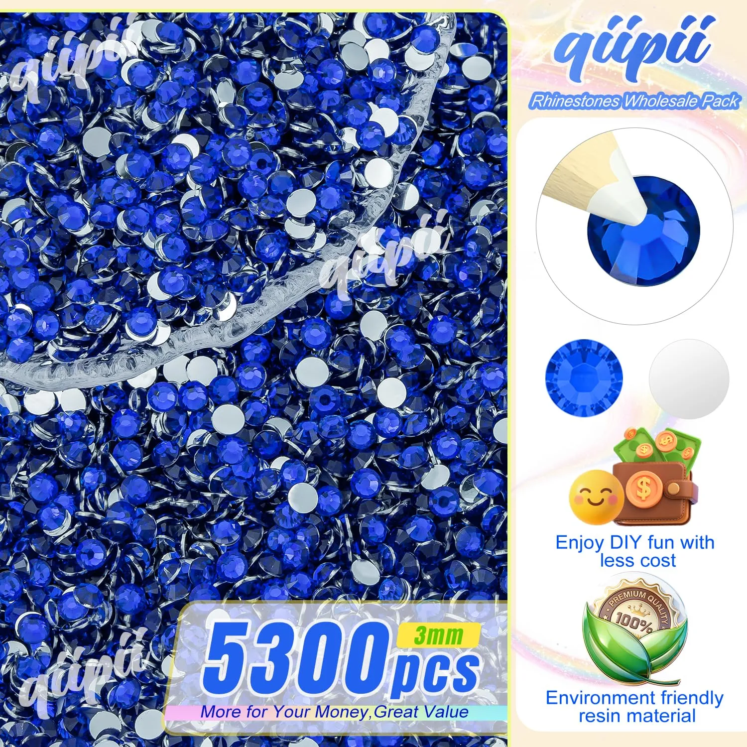 qiipii 5300PCS 3mm Crystal Royal Blue Resin Rhinestones for Bedazzling Crafting Flatback Stones Bulk SS10 Diamonds Crystals Bedazzled Gems Charms for Nails Face Eyes Makeup Tumblers Bottles DIY Crafts