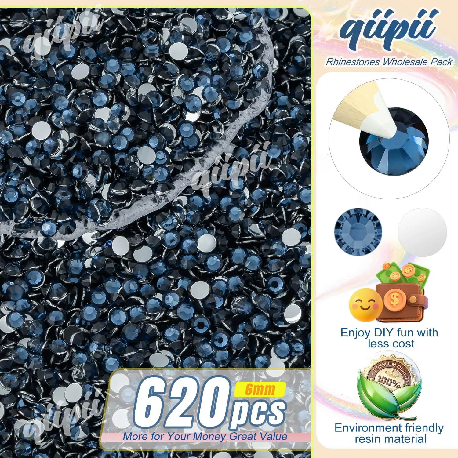 qiipii 620PCS 6mm Crystal Ink Blue Resin Rhinestones for Crafting Montana Blue Flatback Stones Bulk SS30 Diamonds Crystals Gems Charms for Nails Face Eyes Makeup Tumblers Bottles Crafts Decoration