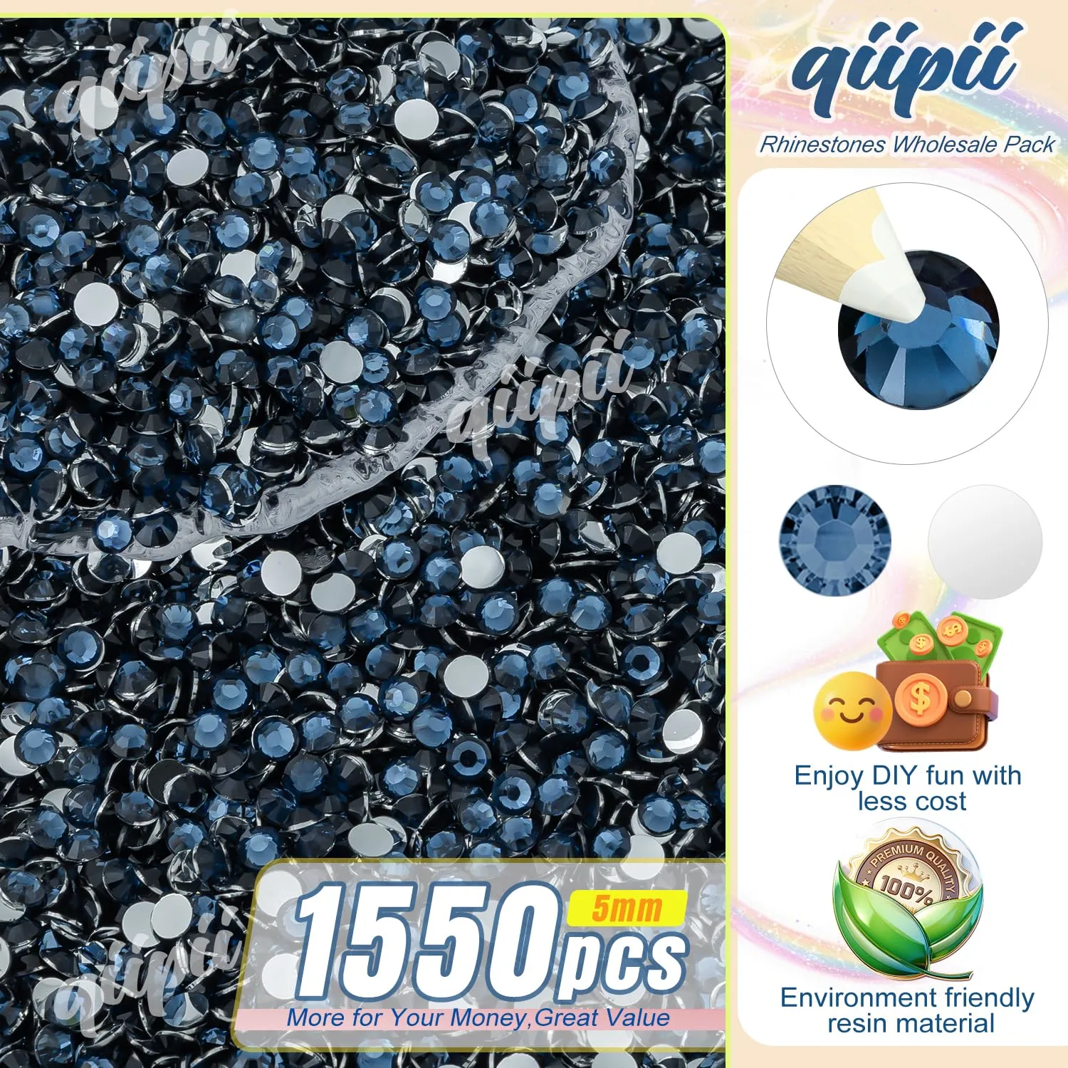 qiipii 1550PCS 5mm Crystal Ink Blue Resin Rhinestones for Crafting Montana Blue Flatback Stones Bulk SS20 Diamonds Crystals Gems Charms for Nails Face Eyes Makeup Mugs Tumblers DIY Crafts Decoration