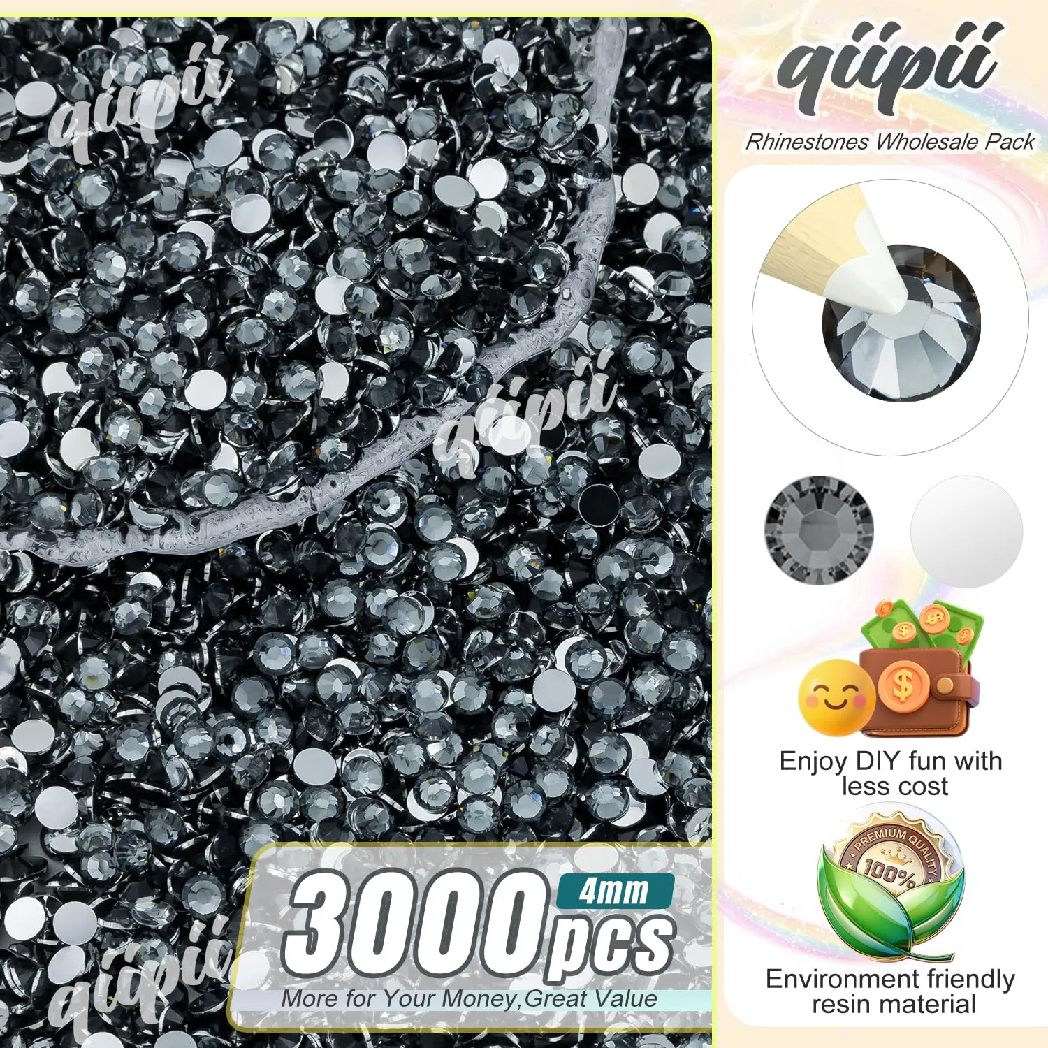 qiipii 3000PCS 4mm Dark Gray Resin Rhinestones for Crafting Deep Grey Flatback Stones Bulk SS16 Crystal Black Diamonds Crystals Gems Charms Supplies for Nails Face Makeup Tumblers Bottles DIY Crafts