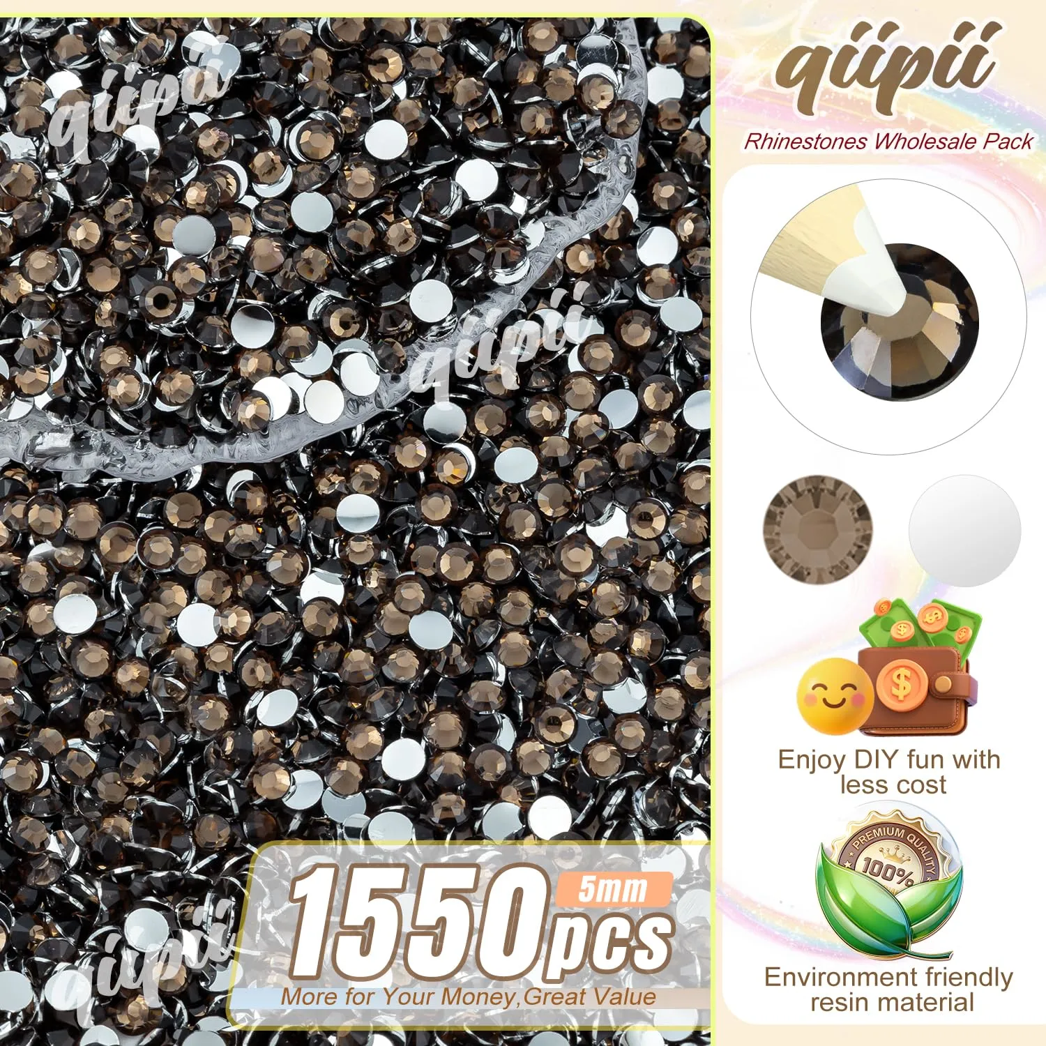 qiipii 1550PCS 5mm Brown Crystal Resin Rhinestones for Crafting Brown Dark Coffee Flatback Stones Bulk SS20 Non-Hotfix Diamonds Crystals Gems for Nails Face Eyes Makeup Mug Tumblers Bottles DIY Crafts