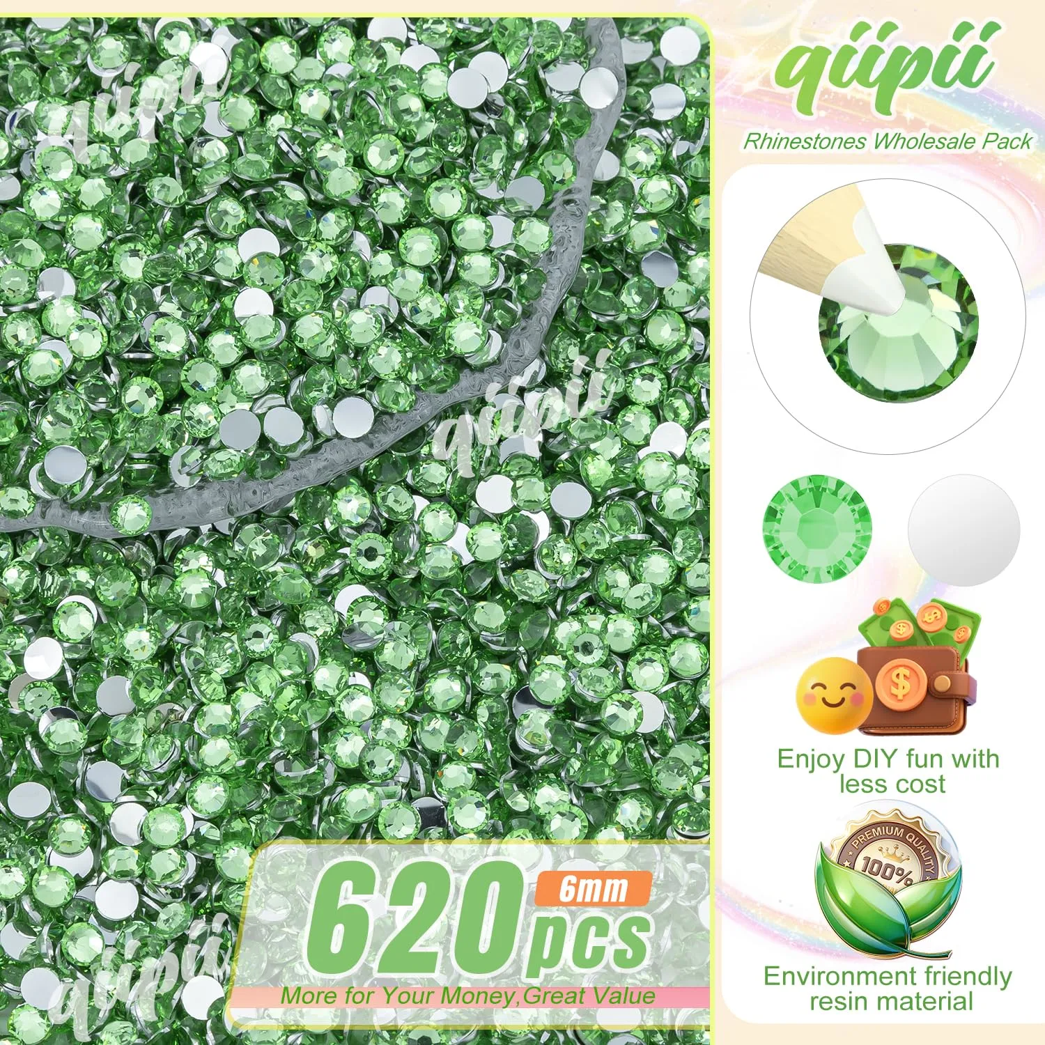 qiipii 620PCS 6mm Light Green Resin Crystal Rhinestones for Crafting Grass Green Flatback Rhinestones Bulk SS30 Stones Diamonds Crystals Gems for Nails Face Eyes Makeup Mugs Tumblers DIY Crafts Decor