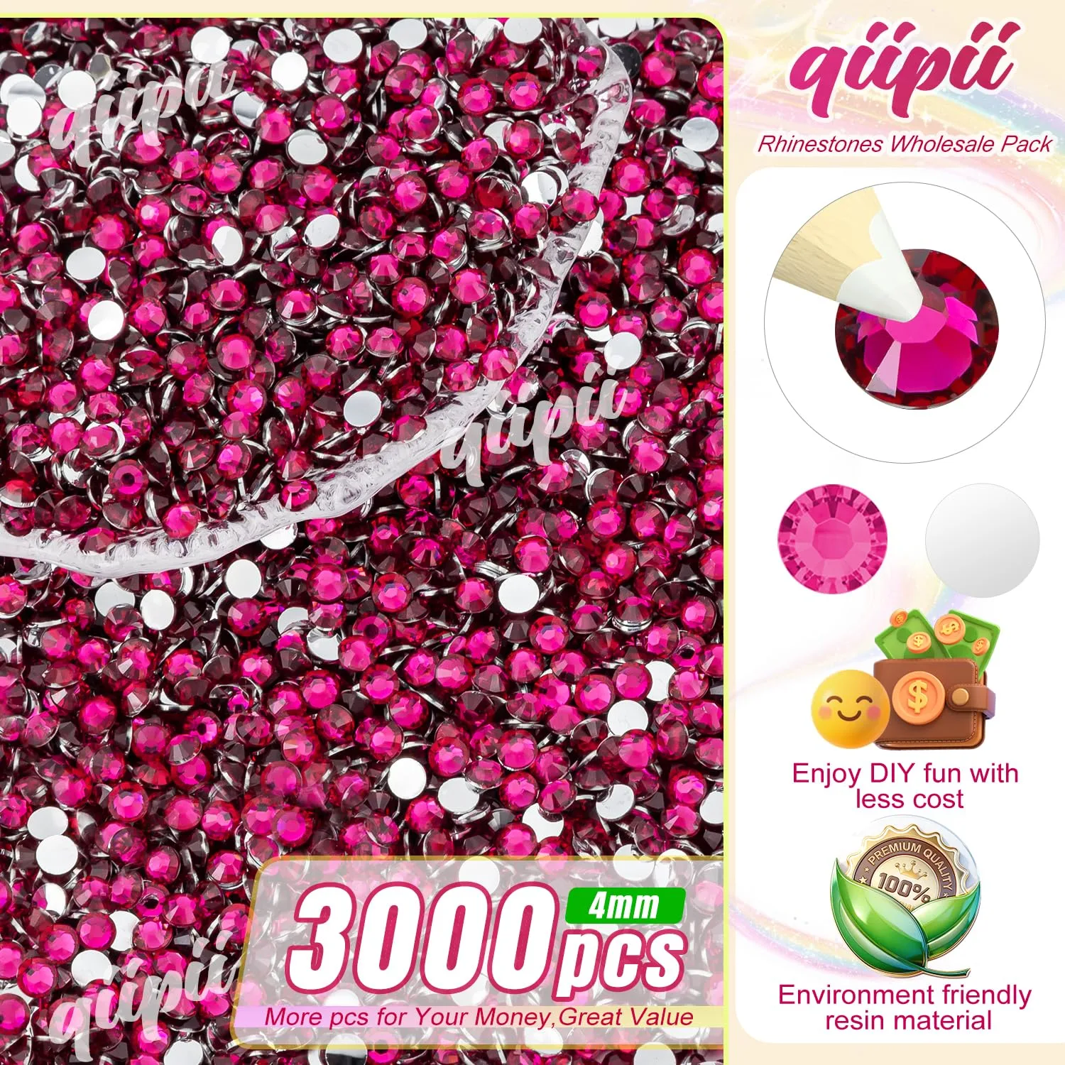 qiipii 3000PCS 4mm Crystal Hot Pink Resin Rhinestones for Crafting Dark Rose Red Flatback Stones Bulk SS16 Non-Hotfix Diamonds Crystals Gems Charms for Nails Face Eyes Makeup Mugs Tumblers DIY Crafts
