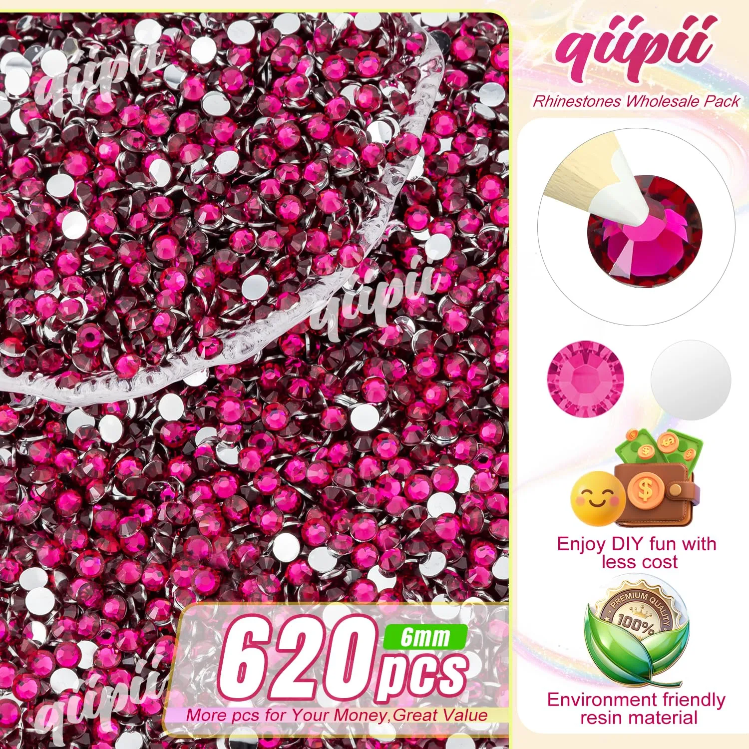 qiipii 620PCS 6mm Crystal Dark Rose Pink Resin Rhinestones for Crafting Dark Rose Red Flatback Stones Bulk SS30 Diamonds Crystals Gems Charms for Nails Face Eyes Makeup Mugs Tumblers DIY Crafts Decor