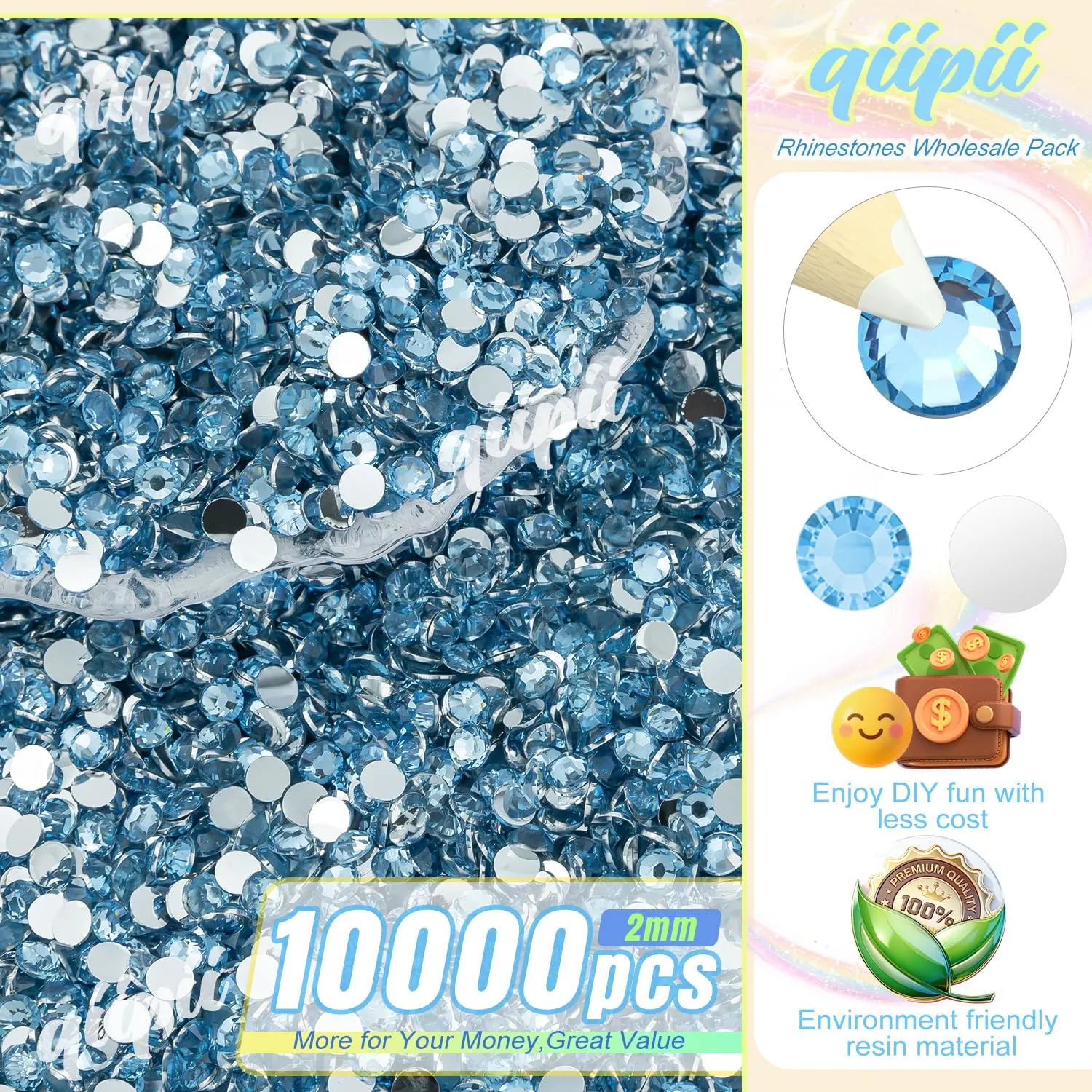 qiipii 10000PCS 2mm Crystal Light Blue Resin Rhinestones for Crafting Flatback Sky Blue Stones Bulk SS6 Non-Hotfix Diamonds Crystals Gems Charms for Nails Face Eyes Makeup Tumblers Bottles DIY Crafts