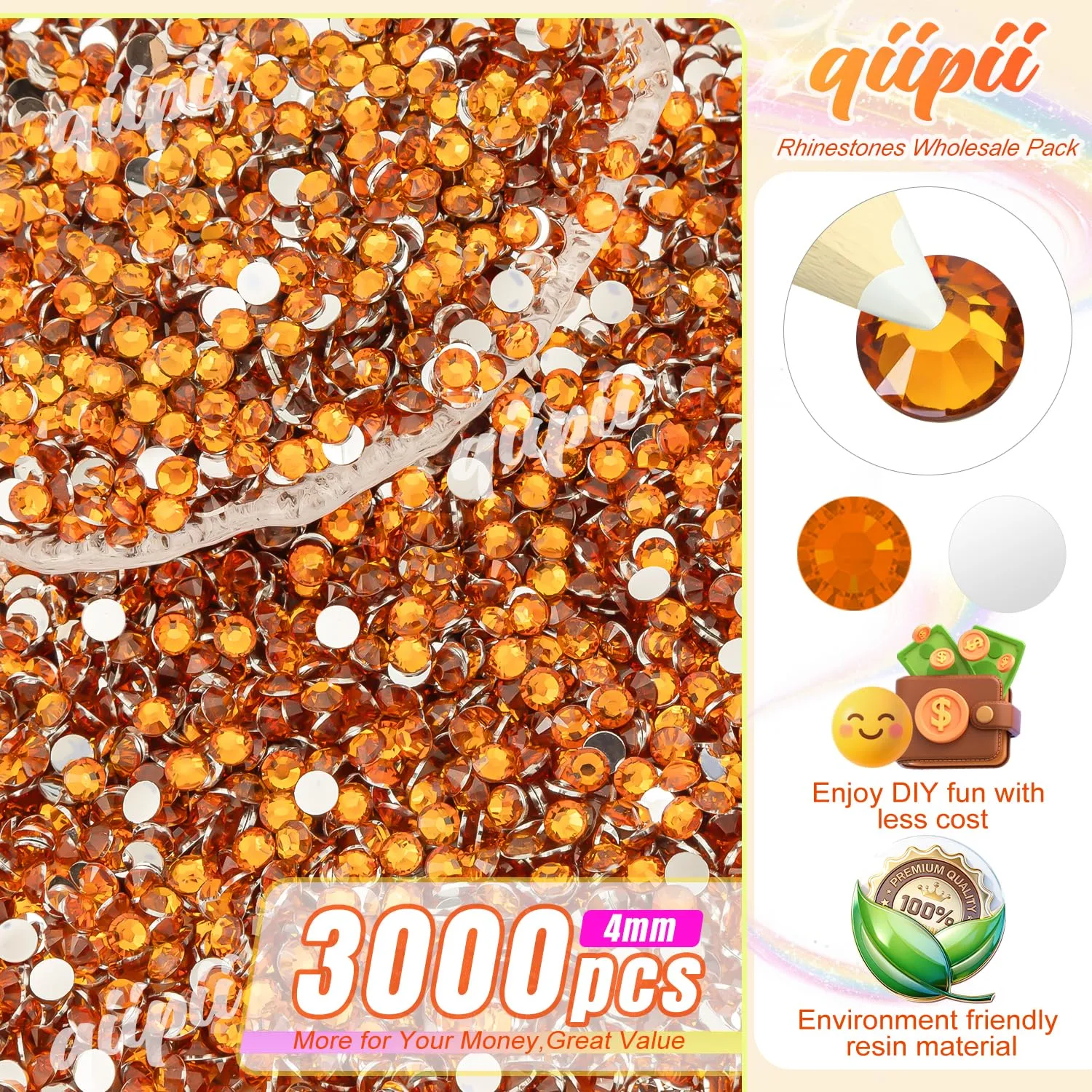 qiipii 3000PCS 4mm Orange Crystal Resin Rhinestones for Crafting Bright Orange Flatback Rhinestones Bulk SS16 Non-Hotfix Orange Red Stones Diamonds Gems for Face Eyes Makeup Tumblers Bottle DIY Crafts