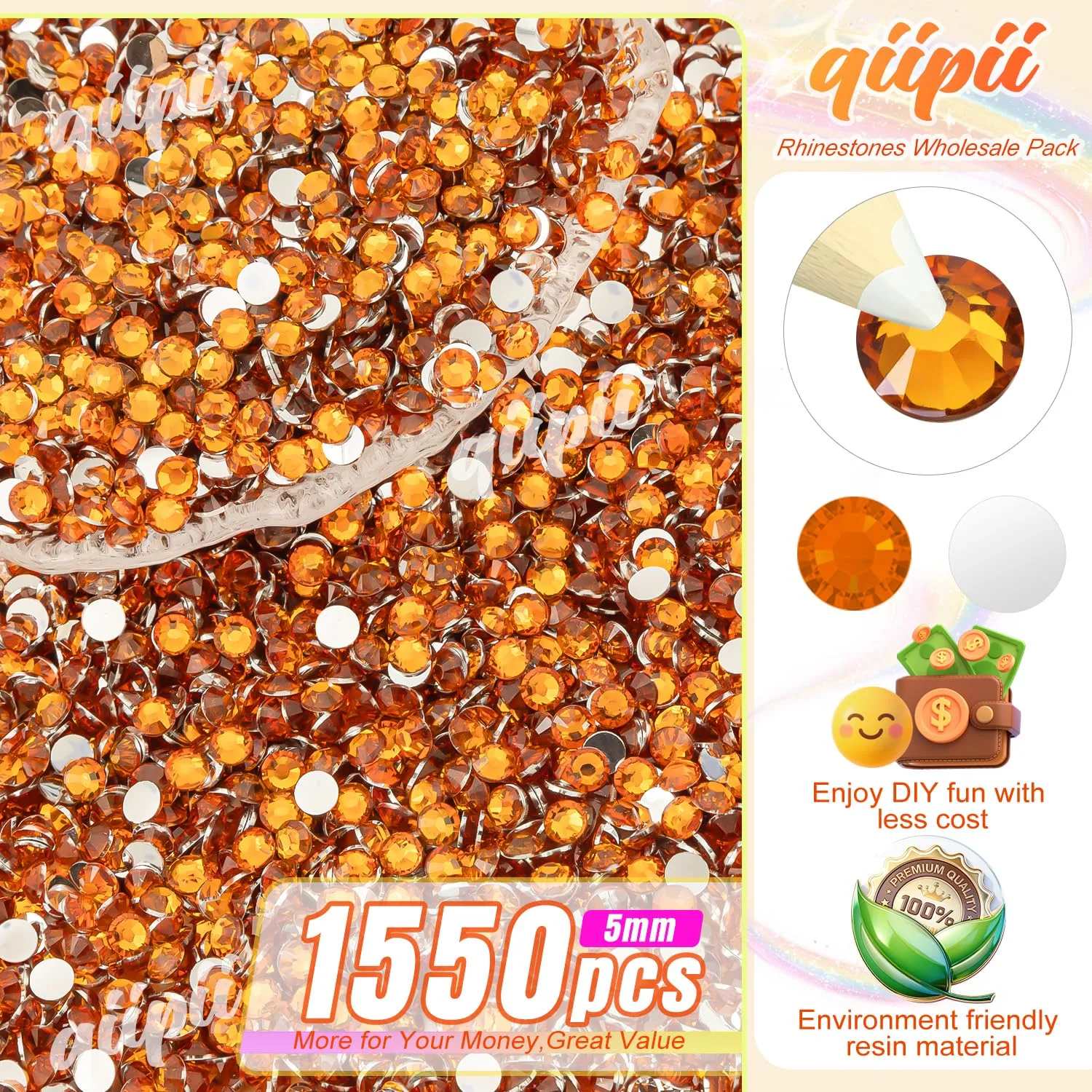 qiipii 1550PCS 5mm Orange Crystal Resin Rhinestones for Crafting Bright Orange Flatback Stones Bulk SS20 Non-Hotfix Orange Red Diamonds Gems Charms for Face Eyes Makeup Mug Tumblers Bottles DIY Crafts