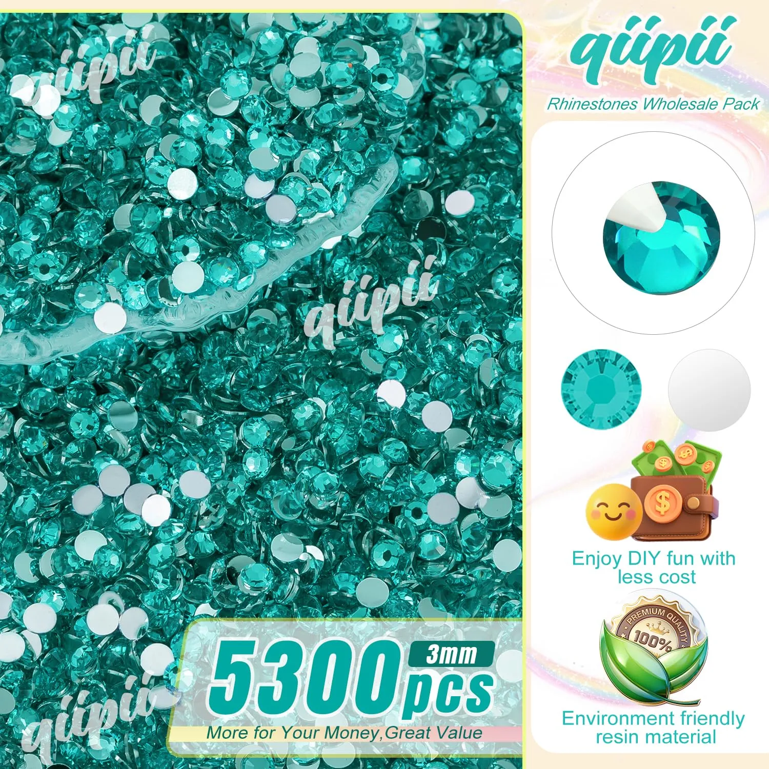 qiipii 5300PCS 3mm Cyan Blue Resin Crystal Rhinestones for Crafting Flatback Cyan Green Stones Bulk SS10 Non-Hotfix Diamonds Crystals Gems Charms for Nails Face Eyes Makeup Tumblers Bottles DIY Crafts