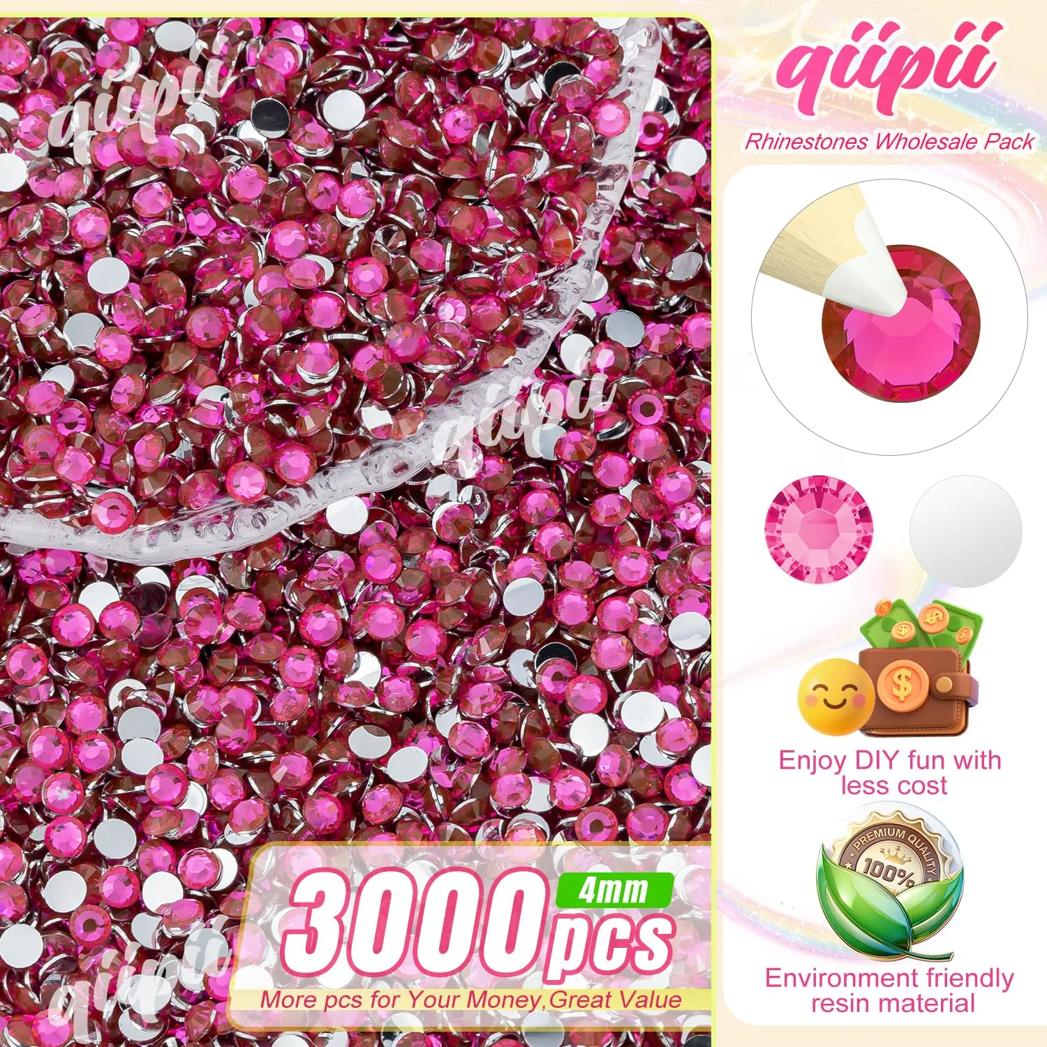 qiipii 3000PCS 4mm Crystal Hot Pink Resin Rhinestones for Crafting Light Rose Red Flatback Stones Bulk SS16 Non-Hotfix Diamonds Crystals Gems Charms for Nails Face Eyes Makeup Mugs Tumblers DIY Crafts