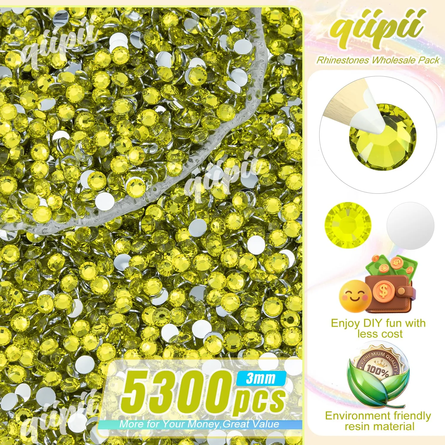 qiipii 5300PCS 3mm Lemon Yellow Crystal Resin Rhinestones for Crafting Flatback Yellow Stones Bulk SS10 Non-Hotfix Diamonds Crystals Gems Charms for Nails Face Eyes Makeup Mugs Tumblers DIY Crafts