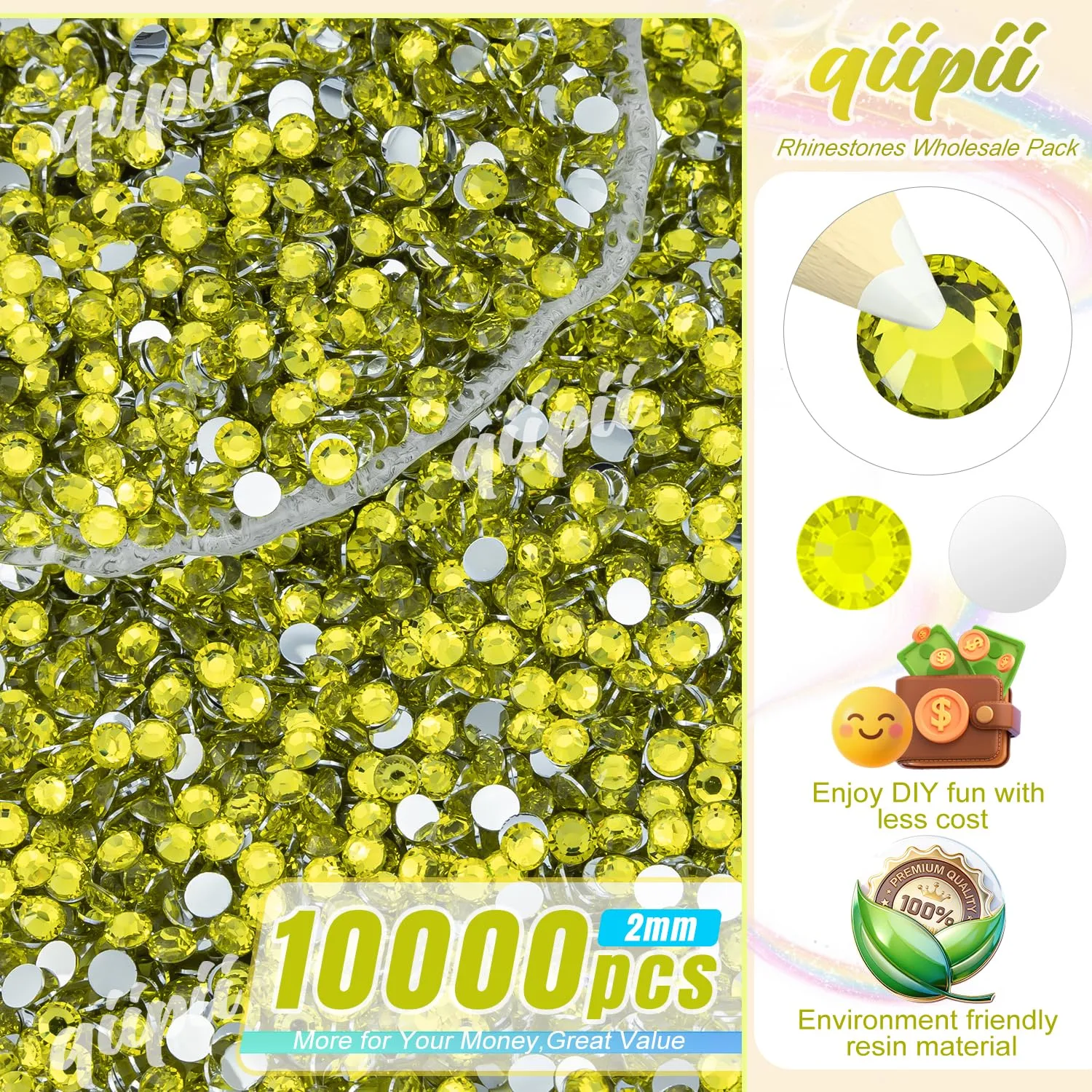 qiipii 10000PCS 2mm Lemon Yellow Crystal Resin Rhinestones for Crafting Flatback Stones Bulk Non-Hotfix SS6 Small Diamonds Crystals Gems Charms for Nails Face Eyes Makeup Mugs Tumblers Crafts Shoes