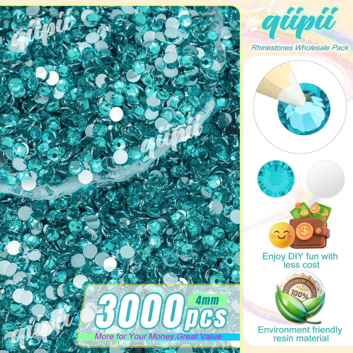 qiipii 3000PCS 4mm Blue Zircon Resin Crystal Rhinestones for Crafting Flatback Rhinestones Bulk SS16 Non-Hotfix Teal Blue Stones Diamonds Crystals Gems for Nails Face Mugs Tumblers Bottles DIY Crafts