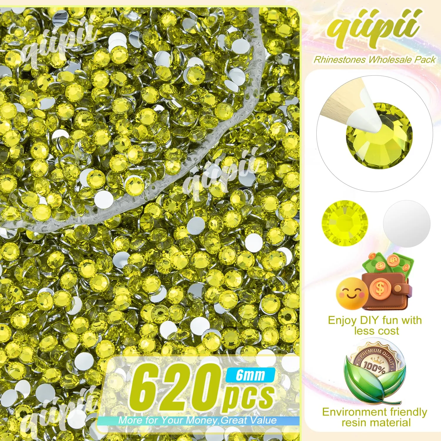 qiipii 620PCS 6mm Lemon Yellow Resin Crystal Rhinestones for Crafting Yellow Flatback Stones Bulk SS30 Non-Hotfix Diamonds Crystals Gems Charms for Nails Face Eyes Makeup Tumblers DIY Crafts Decor