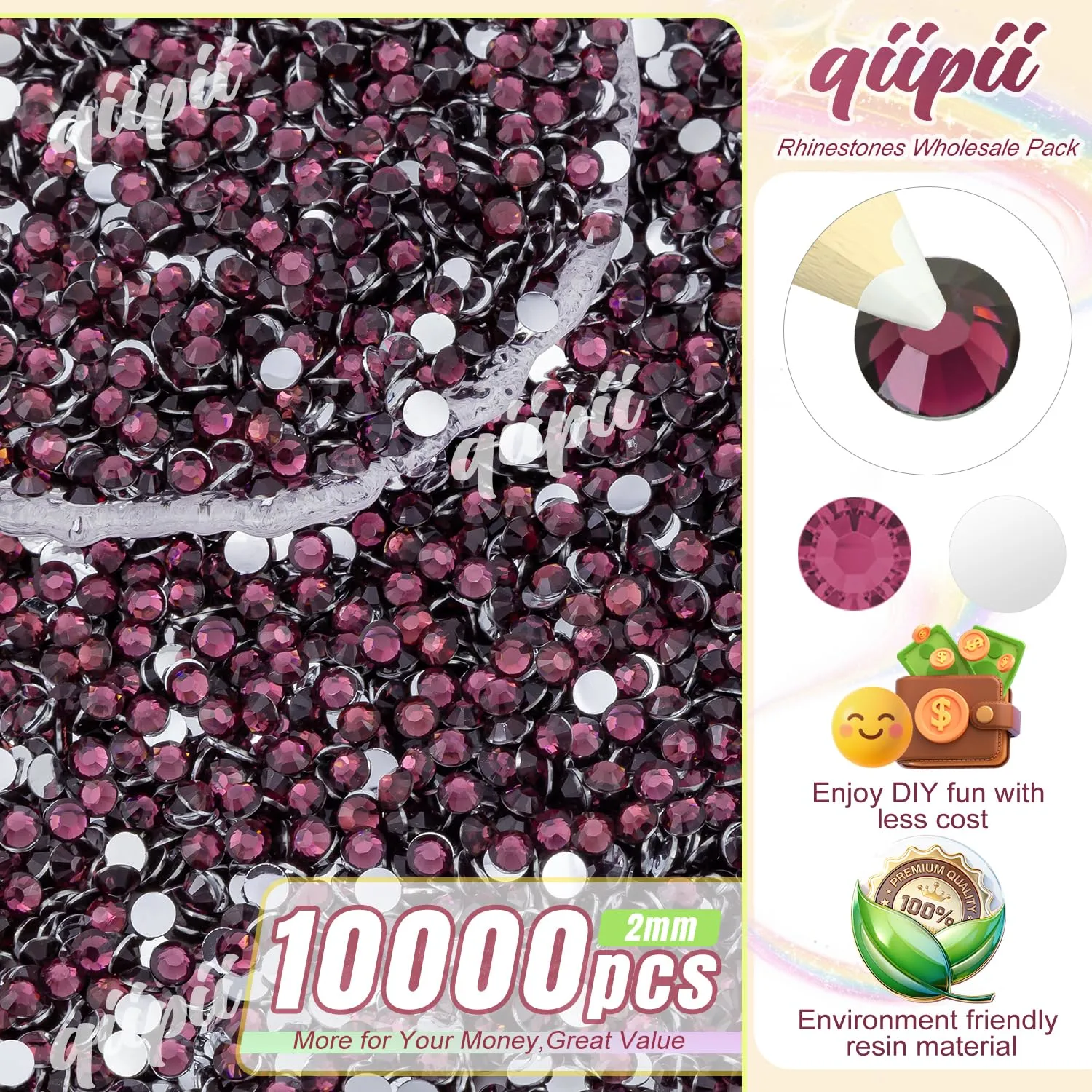 qiipii 10000PCS 2mm Wine Purple Crystal Resin Rhinestones for Crafting Flatback Small Purple Red Stones Bulk SS6 Diamonds Crystals Gems Charms for Nails Face Eyes Makeup Tumblers Bottles Crafts Shoes