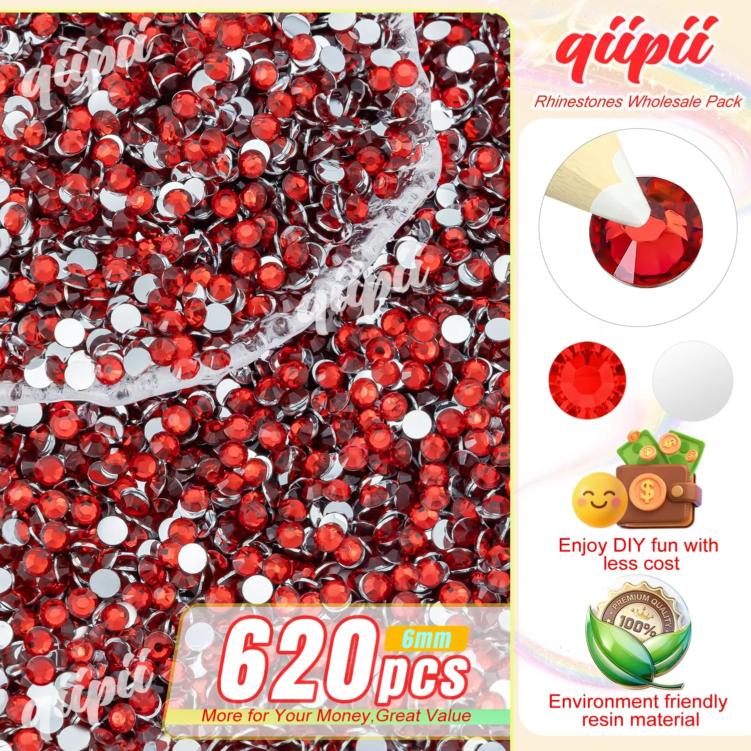 qiipii 620PCS 6mm Crystal Red Resin Rhinestones for Bedazzling Crafting Siam Red Flatback Stones Bulk SS30 Ruby Diamonds Crystals Gems Jewels Charms for Nails Face Eyes Makeup Tumblers Bottles Crafts