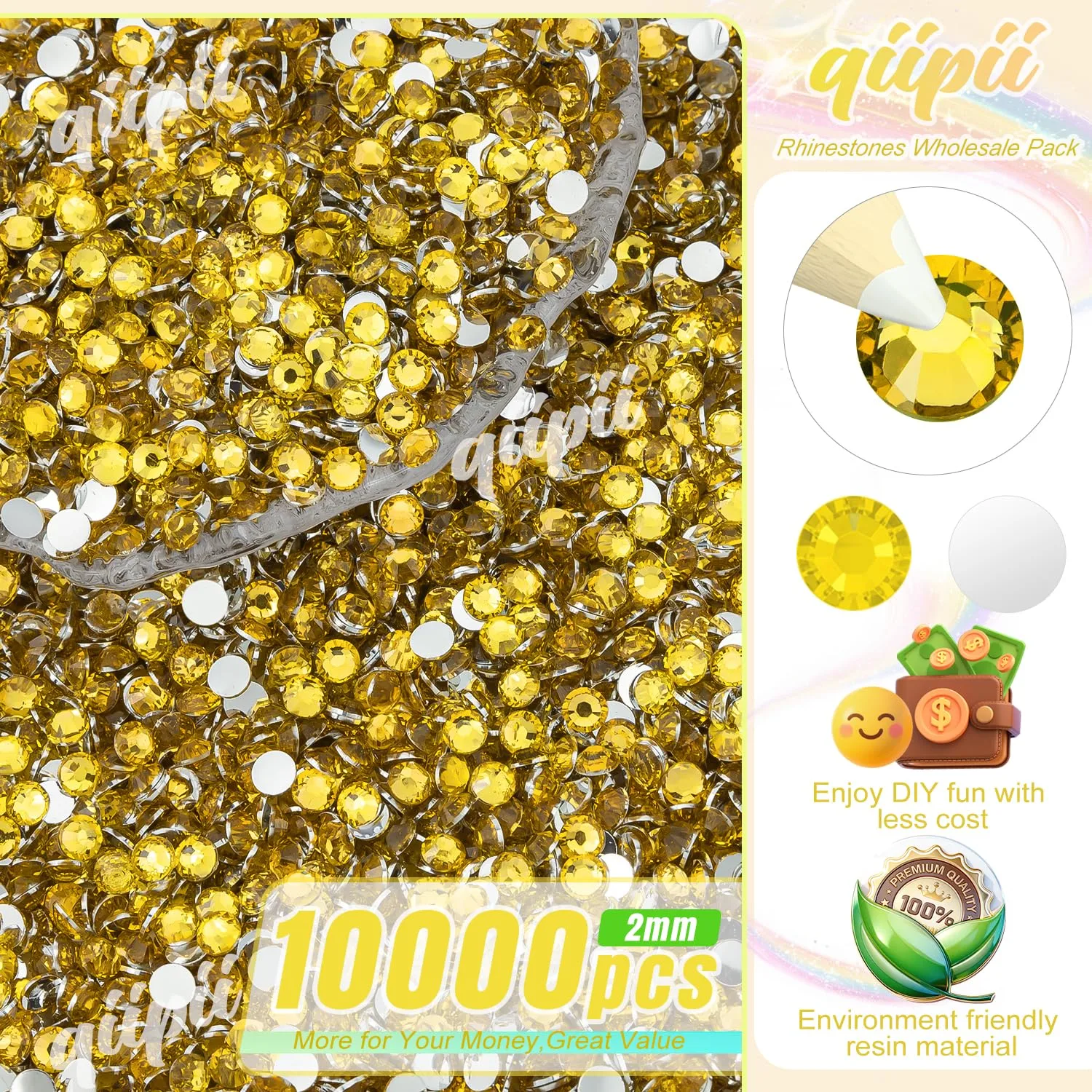 qiipii 10000PCS 2mm Crystal Yellow Resin Rhinestones for Crafting Flatback SS6 Light Gold Stones Bulk Diamonds Crystals Gems Charms for Nails Face Eyes Makeup Tumblers Bottles DIY Crafts Clothes Shoes