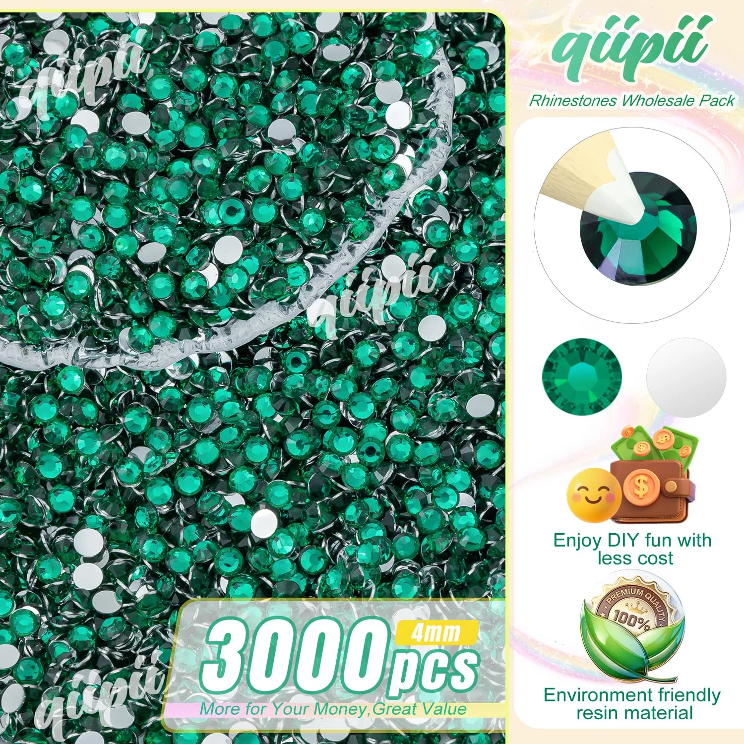 qiipii 3000PCS 4mm Jade Green Crystal Resin Rhinestones for Crafting Moss Green Flatback Stones Bulk SS16 Diamonds Crystals Gems Charms for Nails Face Eyes Makeup Tumblers Bottles DIY Crafts Clothes