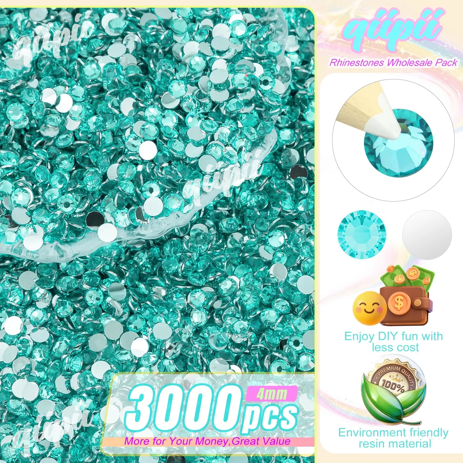 qiipii 3000PCS 4mm Aquamarine Resin Crystal Rhinestones for Crafting Lake Blue Flatback Stones Bulk SS16 Non-Hotfix Water Blue Diamonds Crystals Gems for Nails Face Eyes Makeup Tumblers DIY Crafts
