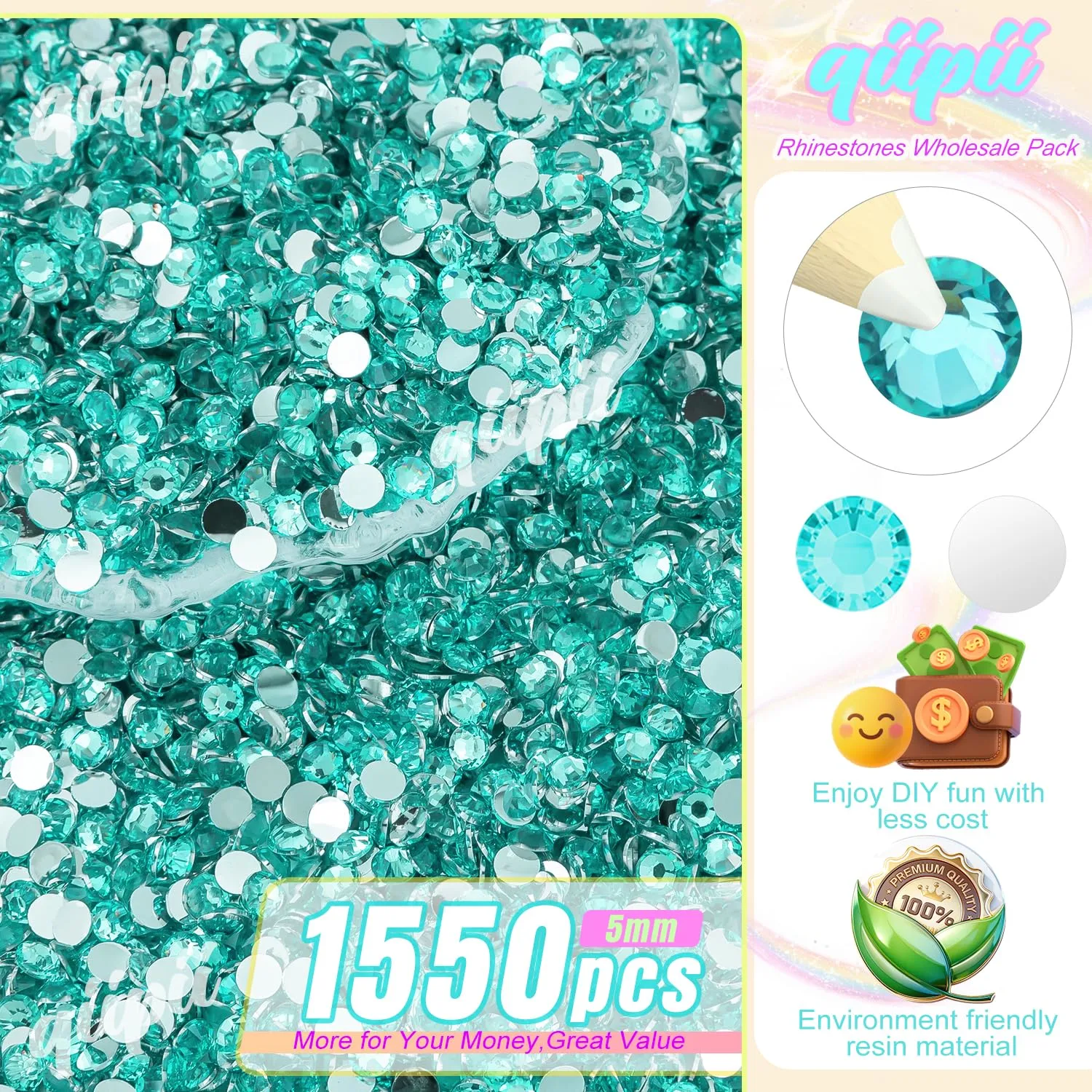 qiipii 1550PCS 5mm Aquamarine Resin Crystal Rhinestones for Crafting Lake Blue Flatback Stones Bulk SS20 Non-Hotfix Water Blue Diamonds Crystals Gems for Nails Face Eyes Tumblers Bottles DIY Crafts