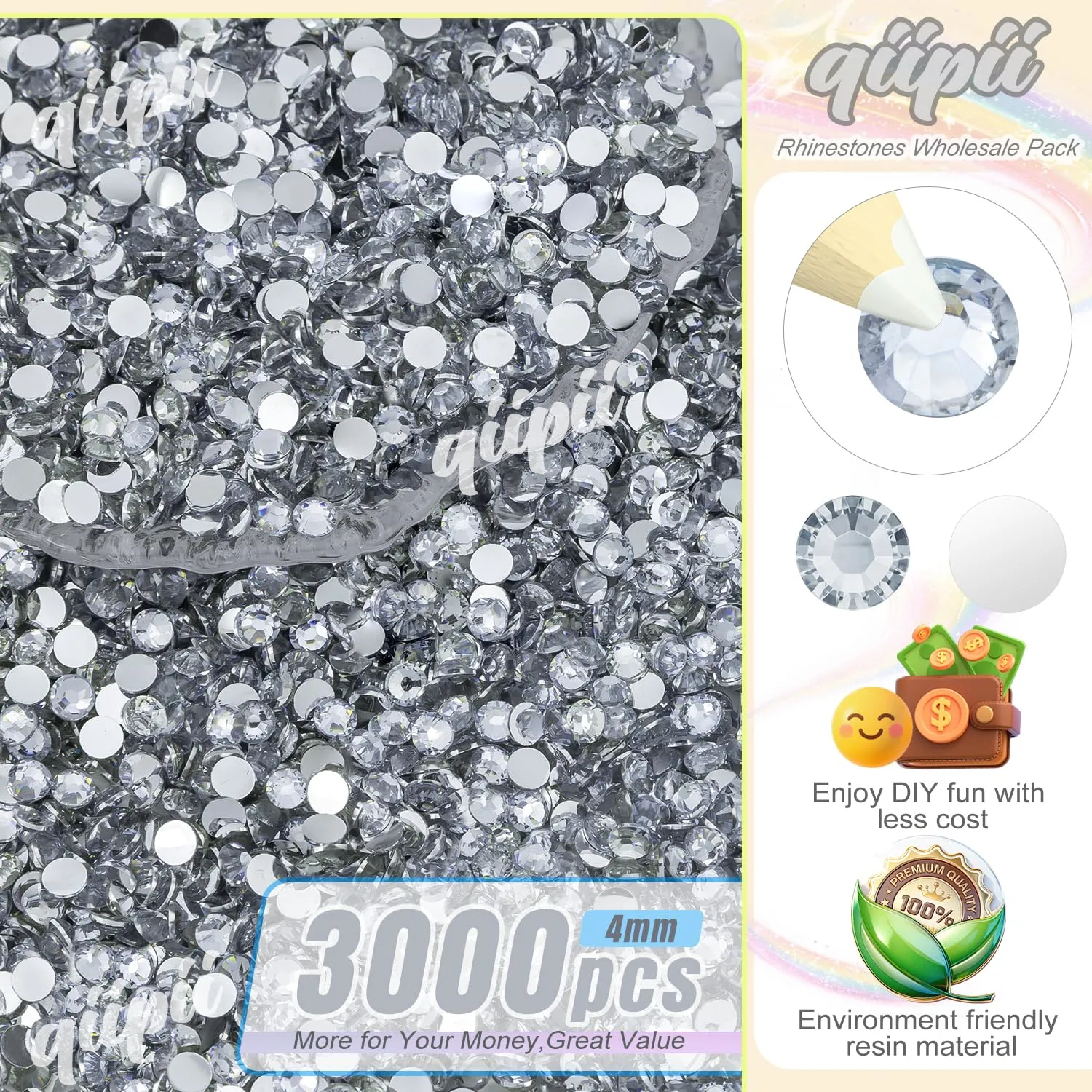 qiipii 3000PCS 4mm Crystal White Resin Rhinestones for Crafting Silver Clear Flatback Stones Bulk SS16 Diamonds Crystals Gems Charms for Nails Face Eyes Makeup Tumblers Bottles Crafts Clothes Shoes