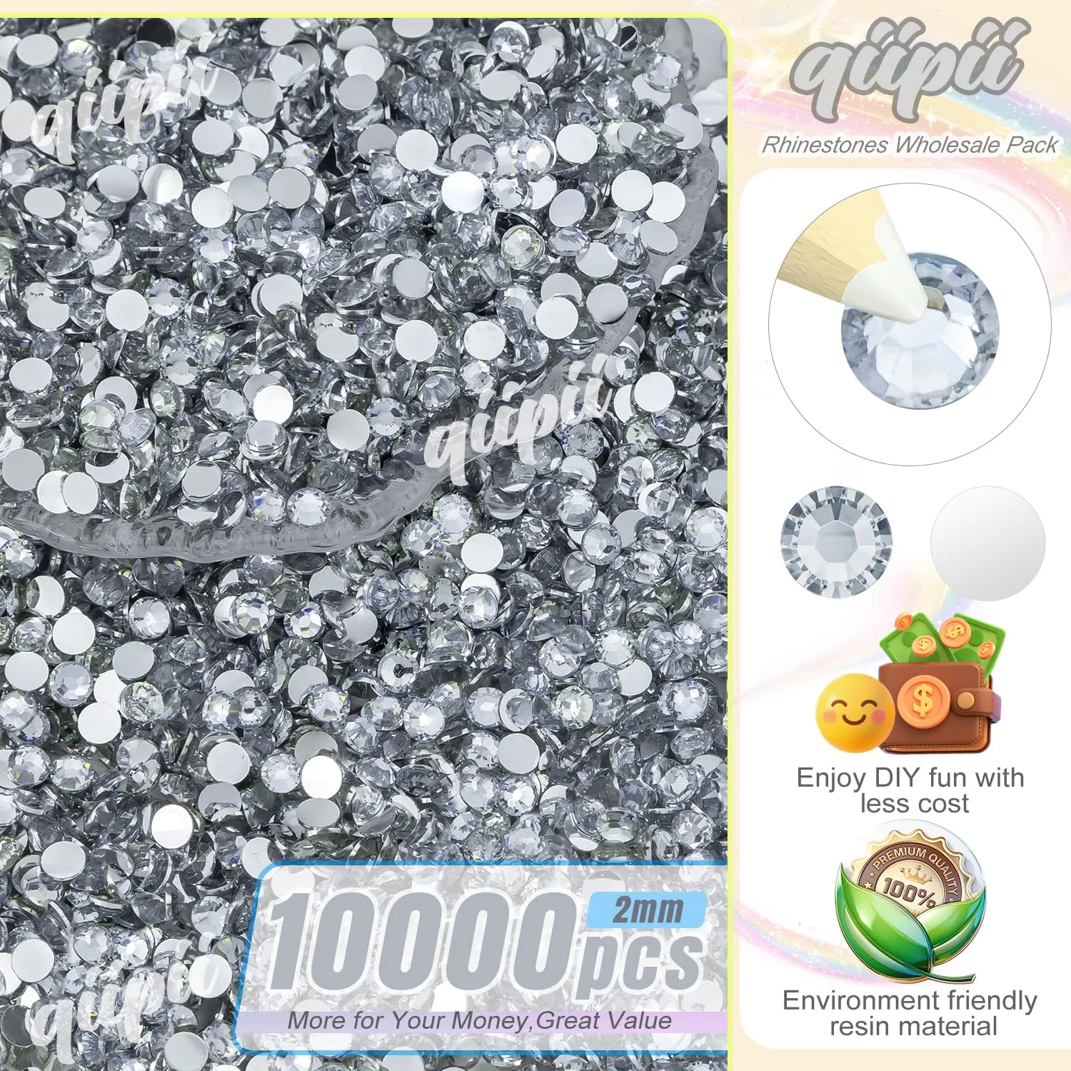 qiipii 10000PCS 2mm Silver Clear Tiny Resin Rhinestones for Crafting Flatback Crystal White Small Stones Bulk SS6 Diamonds Crystals Gems for Nails Face Eyes Makeup Tumblers Bottles DIY Crafts Clothes