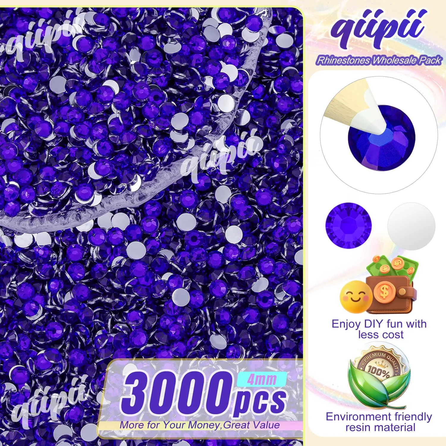 qiipii 3000PCS 4mm Purple Violet Crystal Resin Rhinestones for Crafting Dark Purple Flatback Stones Bulk SS16 No-Hotfix Diamonds Crystals Gems Charms for Nails Face Makeup Tumblers Bottle DIY Crafts