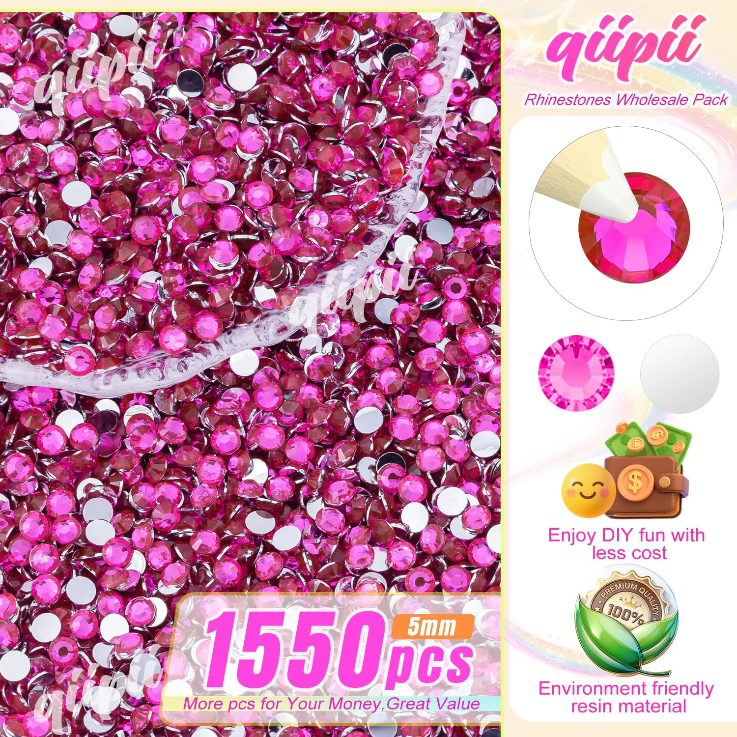 qiipii 1550PCS 5mm Hot Pink Resin Rhinestones for Bedazzling Crafting Rose Red Flatback Stones Bulk SS20 Diamonds Crystals Gems Charms for Nails Face Eyes Makeup Beauty Tumblers Bottles DIY Crafts
