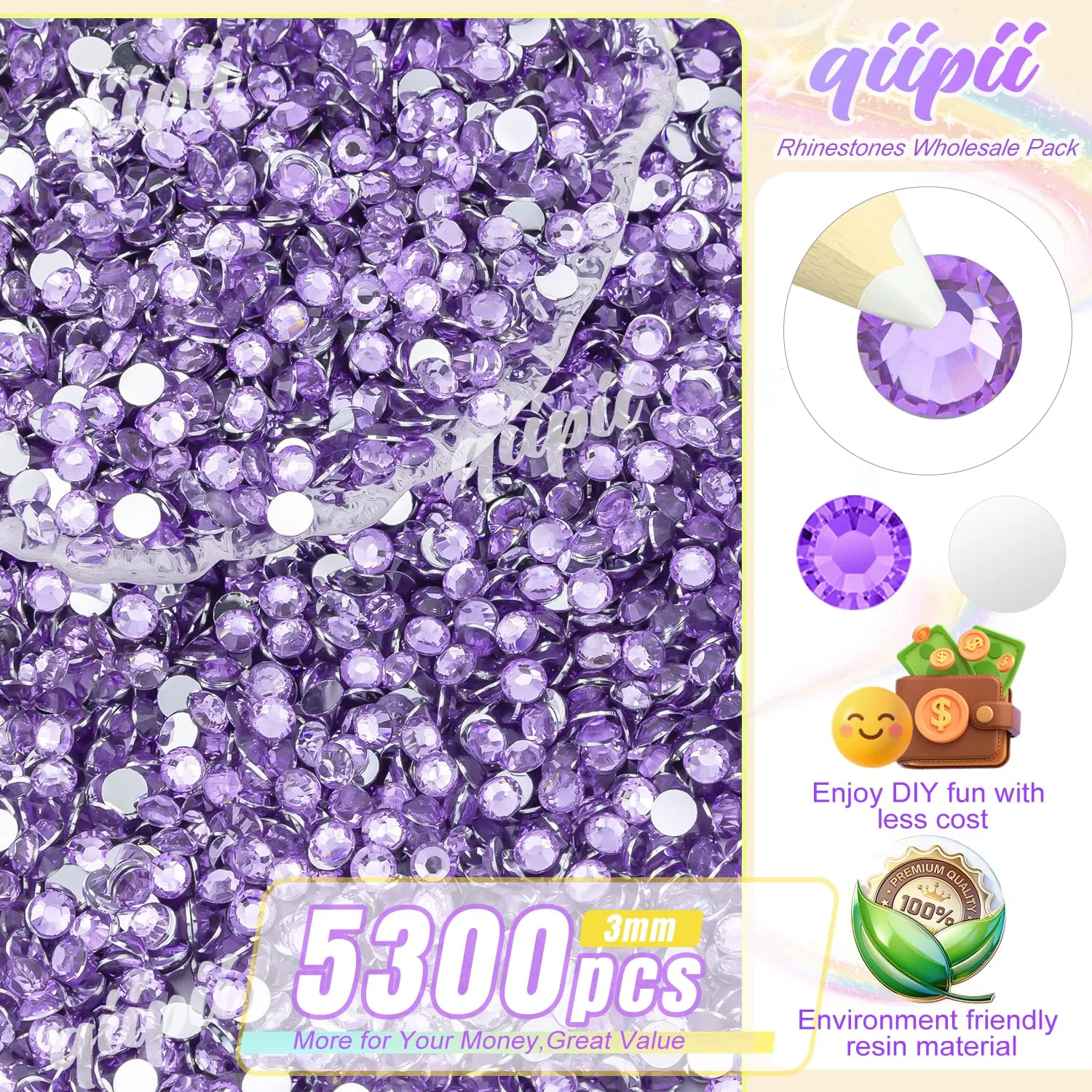 qiipii 5300PCS 3mm Amethyst Purple Violet Crystal Resin Rhinestones for Crafting Flatback Stones Bulk SS10 Diamonds Crystals Gems Charms for Face Eyes Makeup Tumblers Bottles DIY Crafts Clothes Shoes