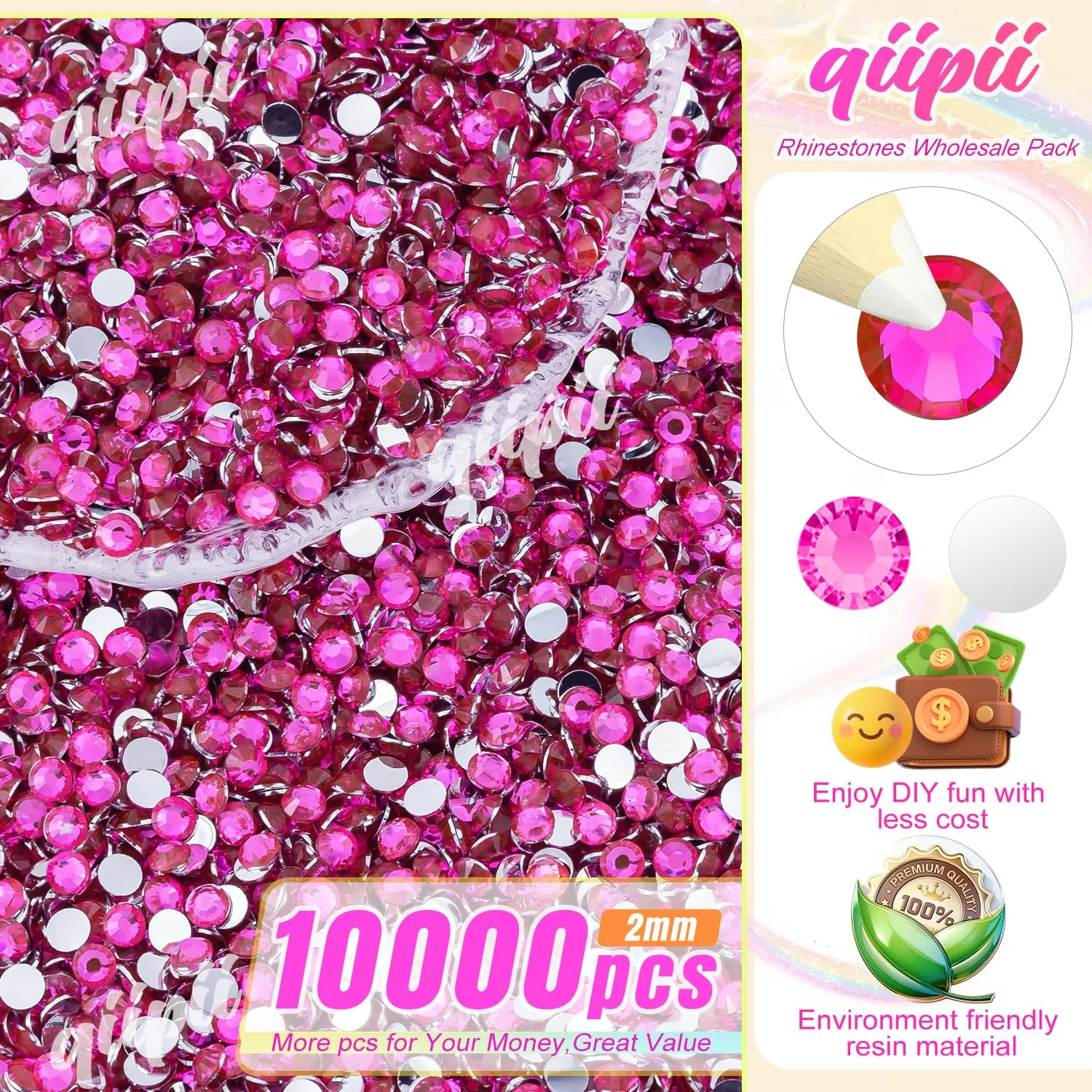 qiipii 10000PCS 2mm Hot Pink Resin Rhinestones for Bedazzling Crafting Flatback Rose Red Stones Bulk SS6 Non-Hotfix Diamonds Crystals Gems Charms for Nails Face Eyes Makeup Beauty Tumblers DIY Crafts