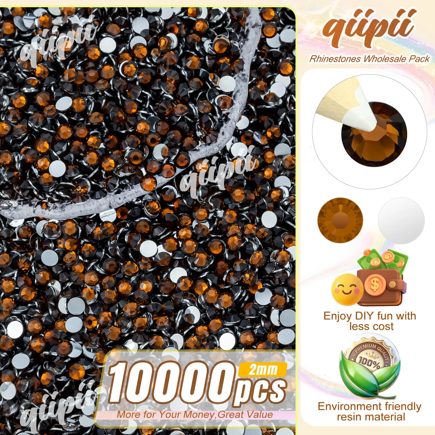 qiipii 10000PCS 2mm Dark Brown Crystal Resin Rhinestones for Crafting Flatback Chocolate Stones Bulk SS6 Dark Coffee Diamonds Crystals Gems Charms for Nails Face Eyes Makeup Tumblers DIY Crafts Shoes