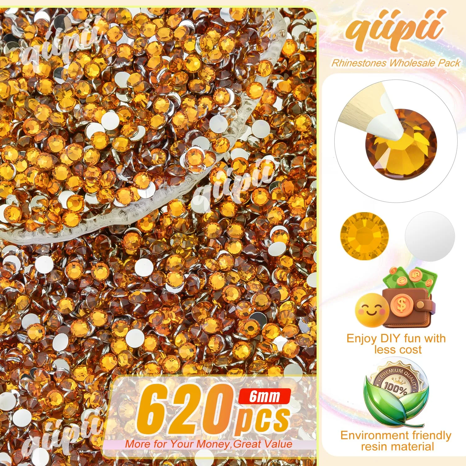 qiipii 620PCS 6mm Orange Resin Crystal Rhinestones for Crafting Bright Orange Flatback Stones Bulk SS30 Non-Hotfix Diamonds Crystals Gems Charms Supplies for Nails Face Eyes Makeup Tumblers DIY Crafts