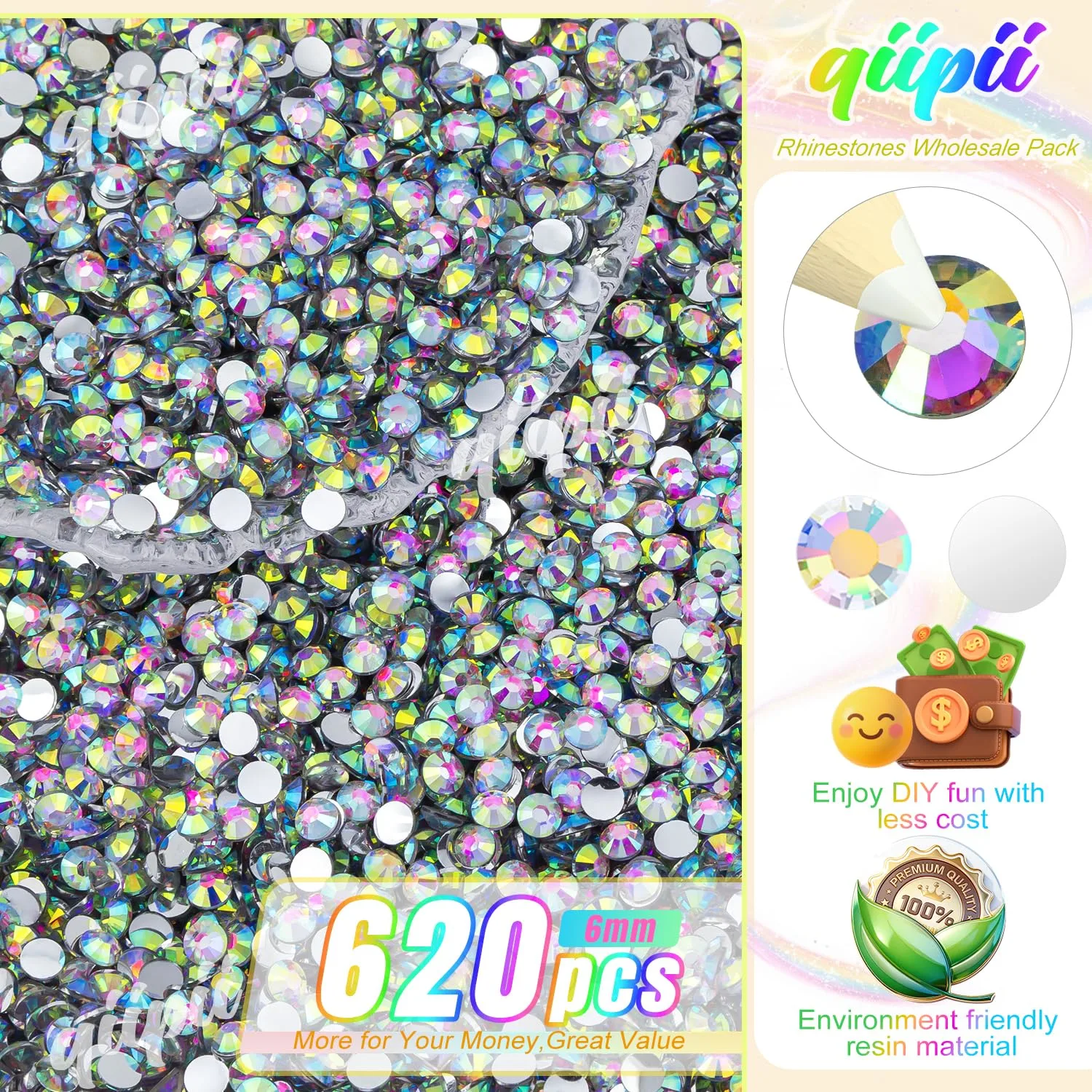 qiipii 620PCS 6mm Crystal AB Resin Rhinestones for Crafting Flatback White AB Stones Bulk SS30 Non-Hotfix Diamonds Crystals Gems Charms for Nails Face Eyes Makeup Mugs Tumblers Bottles Cups DIY Crafts
