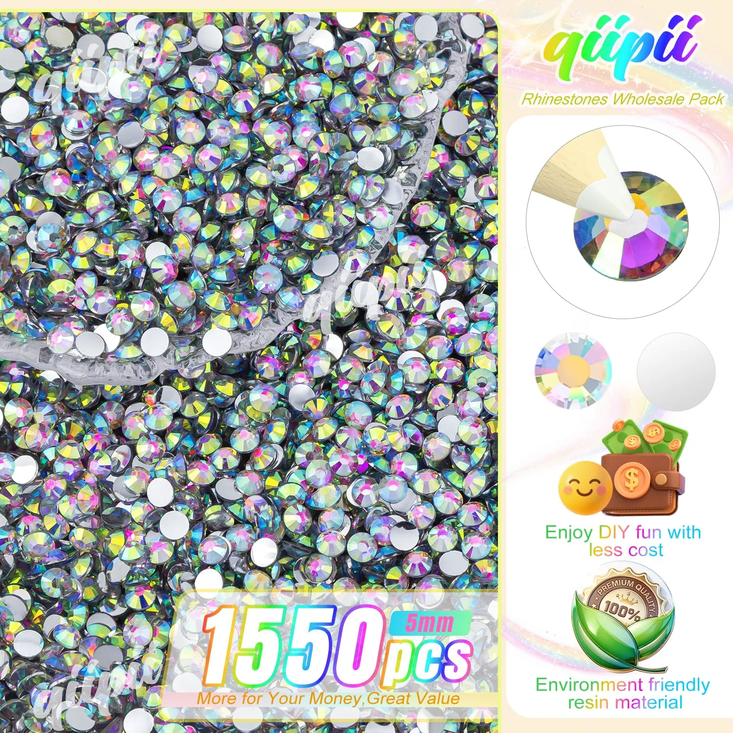 qiipii 1550PCS 5mm Crystal AB Resin Rhinestones for Crafting Flatback White AB Stones Bulk SS20 Non-Hotfix Diamonds Crystals Gems Charms for Nails Face Eyes Makeup Mugs Tumblers Bottles DIY Crafts