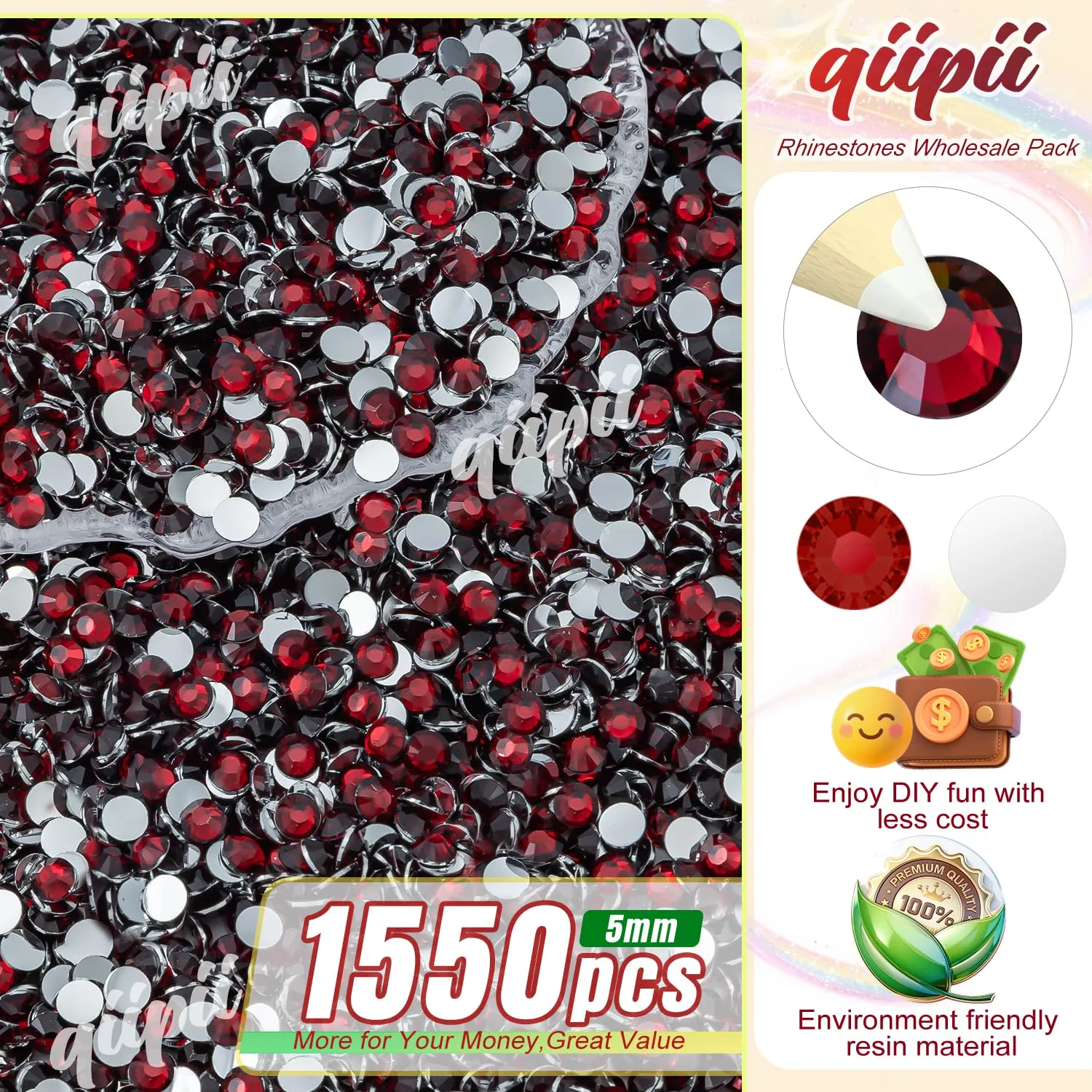 qiipii 1550PCS 5mm Crystal Dark Red Resin Rhinestones for Crafting Siam Red Flatback Stones Bulk SS20 Ruby Diamonds Crystals Gems for Nails Face Eyes Makeup Tumblers Bottles Crafts Decoration Shoes