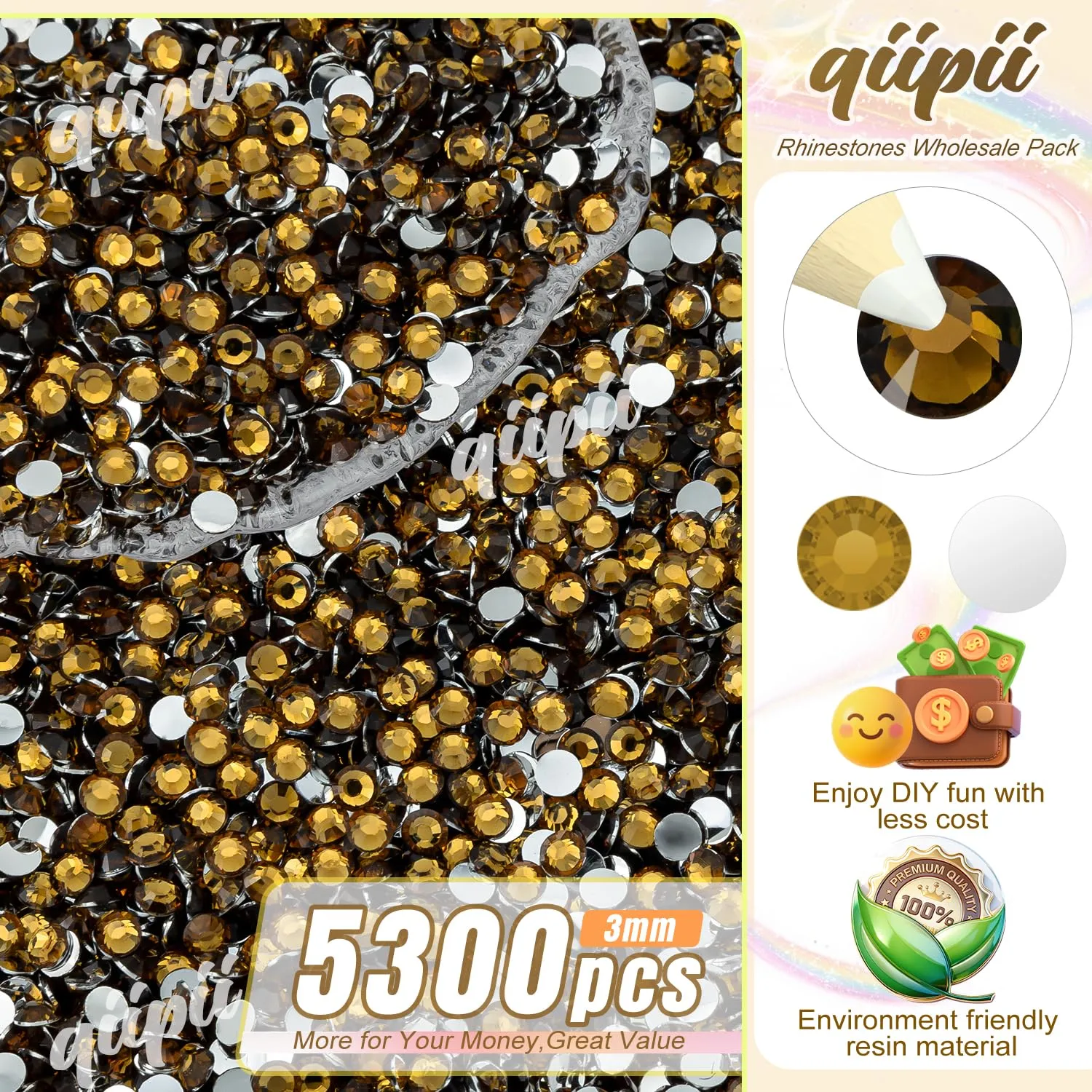 qiipii 5300PCS 3mm Brown Crystal Resin Rhinestones for Crafting Flatback Amber Brown Stones Bulk SS10 Non-Hotfix Diamonds Crystals Gems Charms Supplies for Nails Face Eyes Makeup Tumblers DIY Crafts