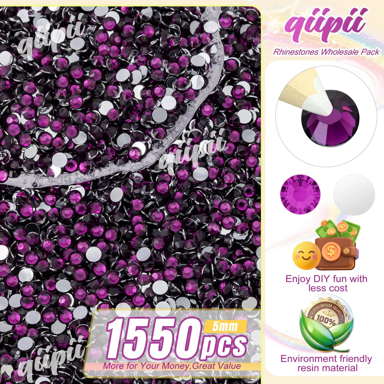 qiipii 1550PCS 5mm Grape Purple Crystal Resin Rhinestones for Crafting Purple Flatback Stones Gems Bulk SS20 Diamonds Crystals Charms for Nails Face Eyes Makeup Body Tumblers Mugs DIY Crafts Clothes