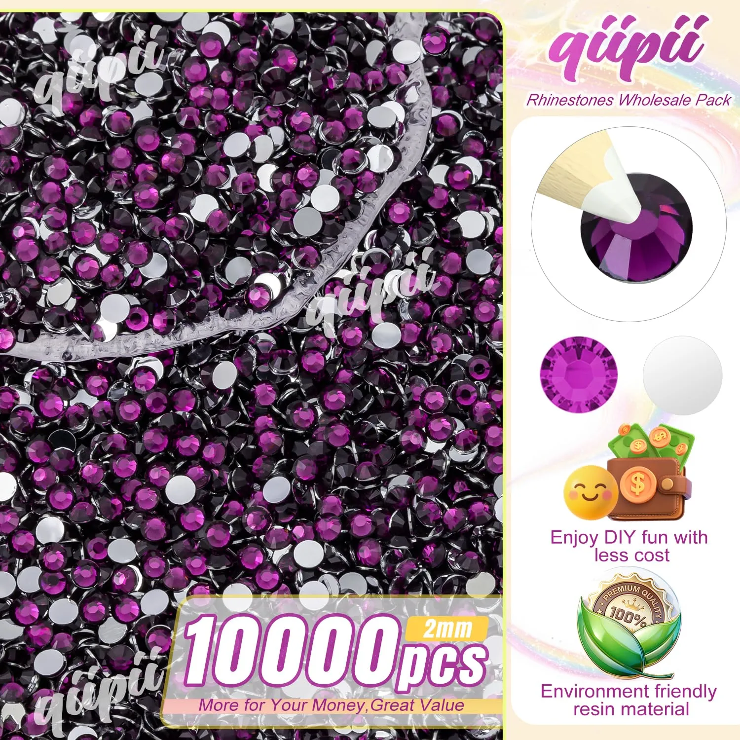 qiipii 10000PCS 2mm Grape Purple Crystal Resin Rhinestones for Crafting Flatback Purple Stones Bulk SS6 Diamonds Crystals Gems Charms for Nails Face Eyes Makeup Mugs Tumblers Bottles DIY Crafts Shoes