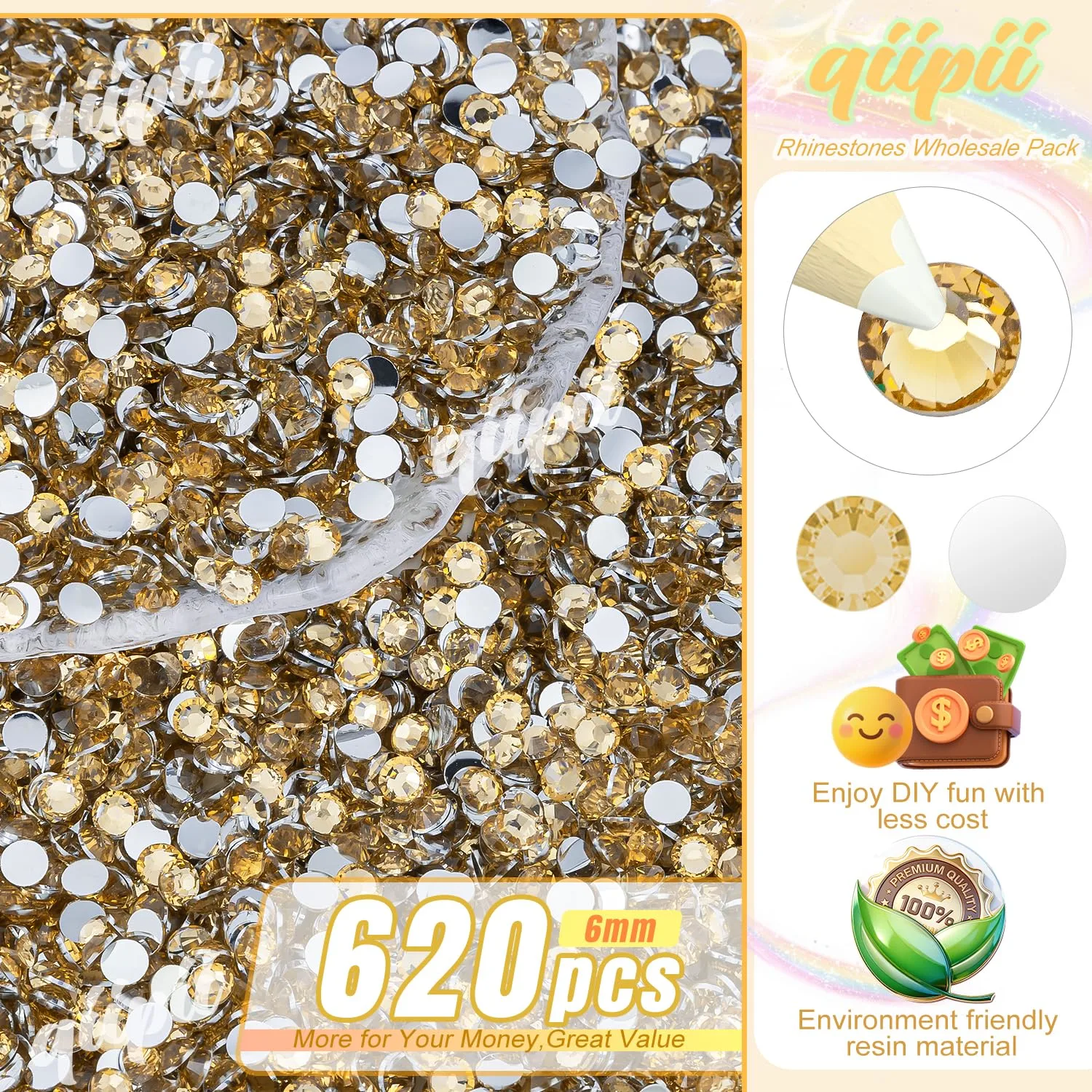qiipii 620PCS 6mm Champagne Golden Resin Crystal Rhinestones for Crafting SS30 Flatback Rhinestones Bulk Non-Hotfix Stones Diamonds Crystals Gems for Face Eyes Makeup Mugs Tumblers Bottles DIY Crafts