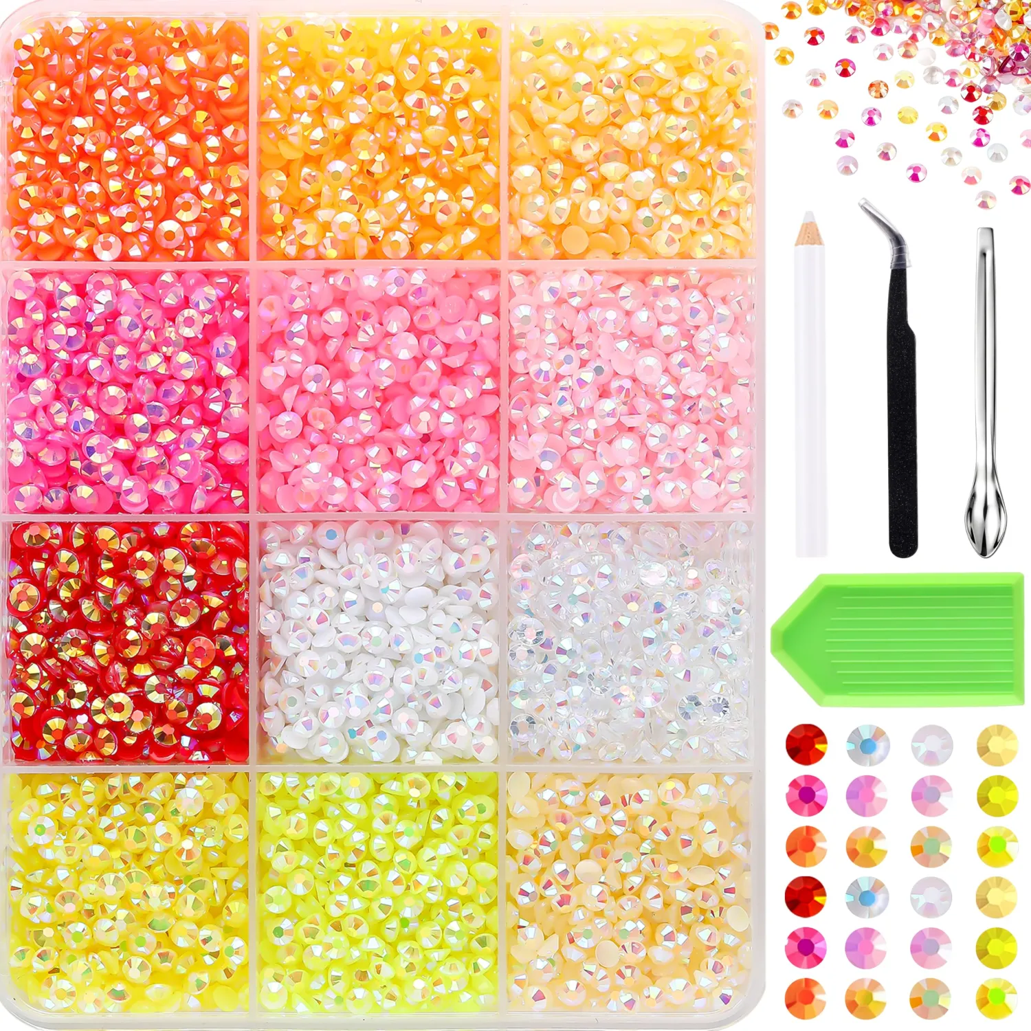 9000Pcs Resin Jelly Rhinestones for Bedazzling 12 Colors 3mm Flatback Warm Tones Gems for Diamond Art, Bedazzler Kit with Tools Perfect for Nail Art Crafting Clothing