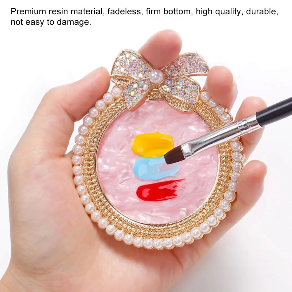 Resin Nail Art Palette, Nail Art Painting Mixed Color Palette, Bow Decorated with Rhinestones and Pearls Nail Art Display Board (Golden)