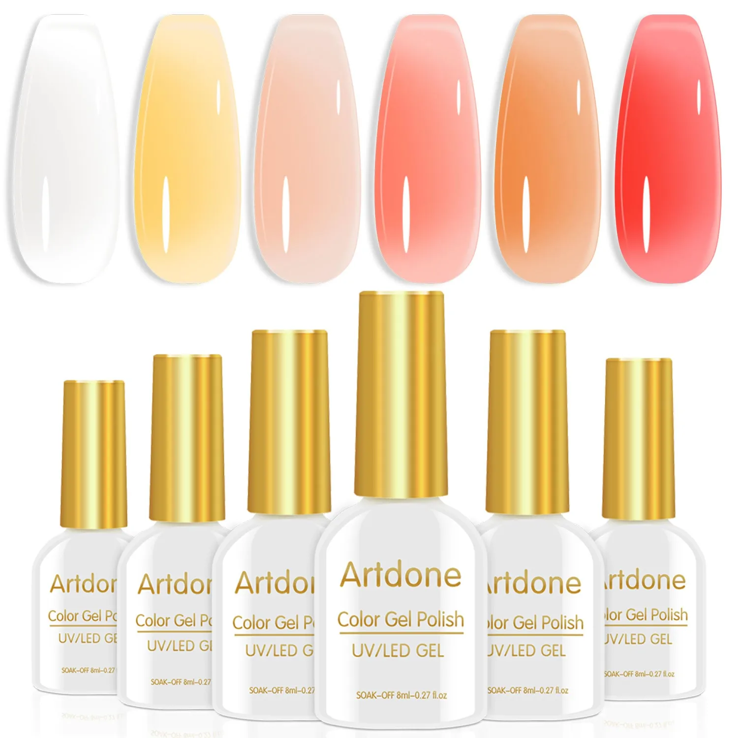 Artdone Sheer Gel Nail Polish Set Jelly UV Gel 6 Colors Translucent Milky White Yellow Light Apricot Red Colors Nail Polish For All Seasons Neutral Soak off LED Lamp Gel Manicure Kit For Nail Art