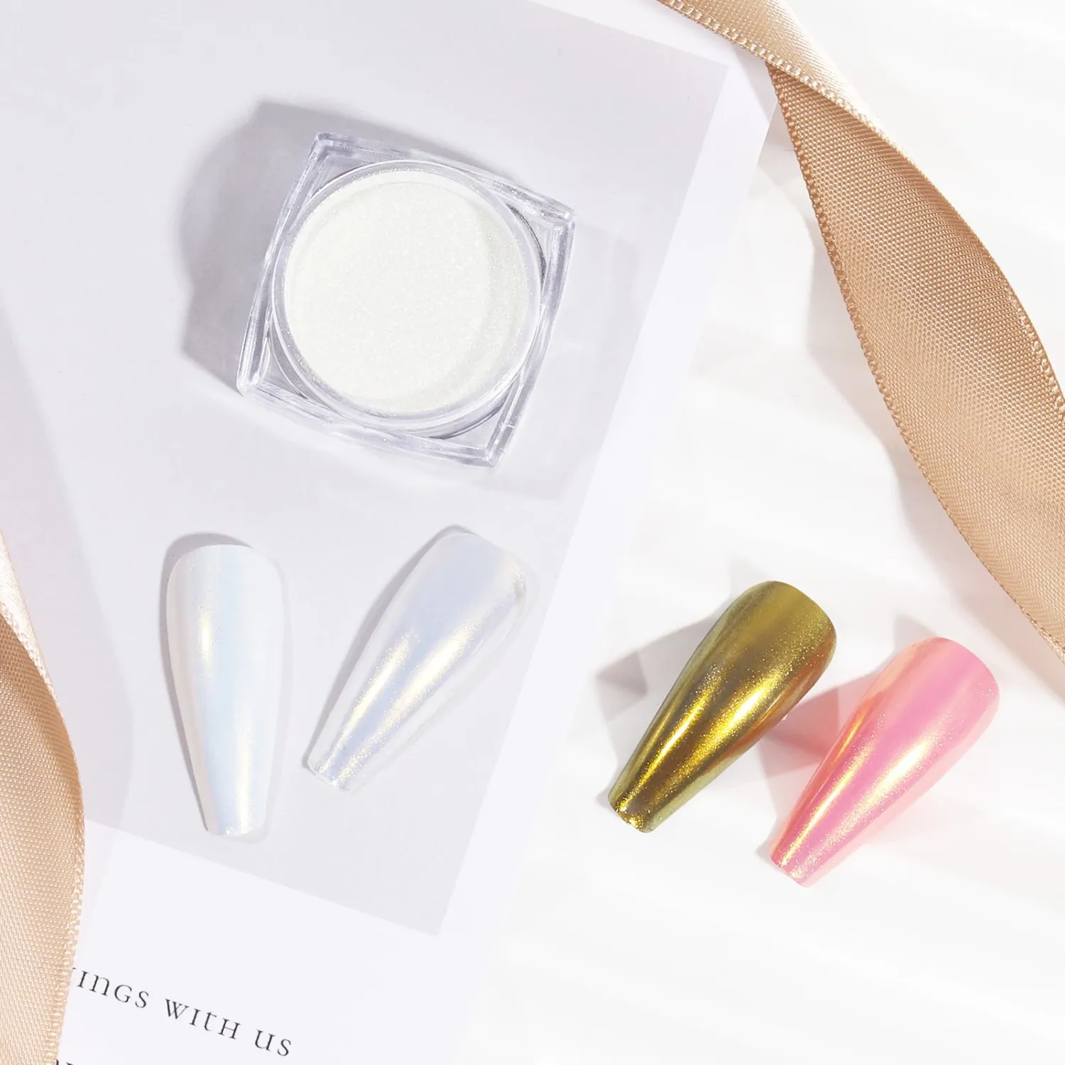2 Jars Chrome Nail Powder White and Gold Pearl | Iridescent Aurora Powder Metallic Mirror Effect Pigment Pearlescent Mermaid Pearl Glitter Dust Kit