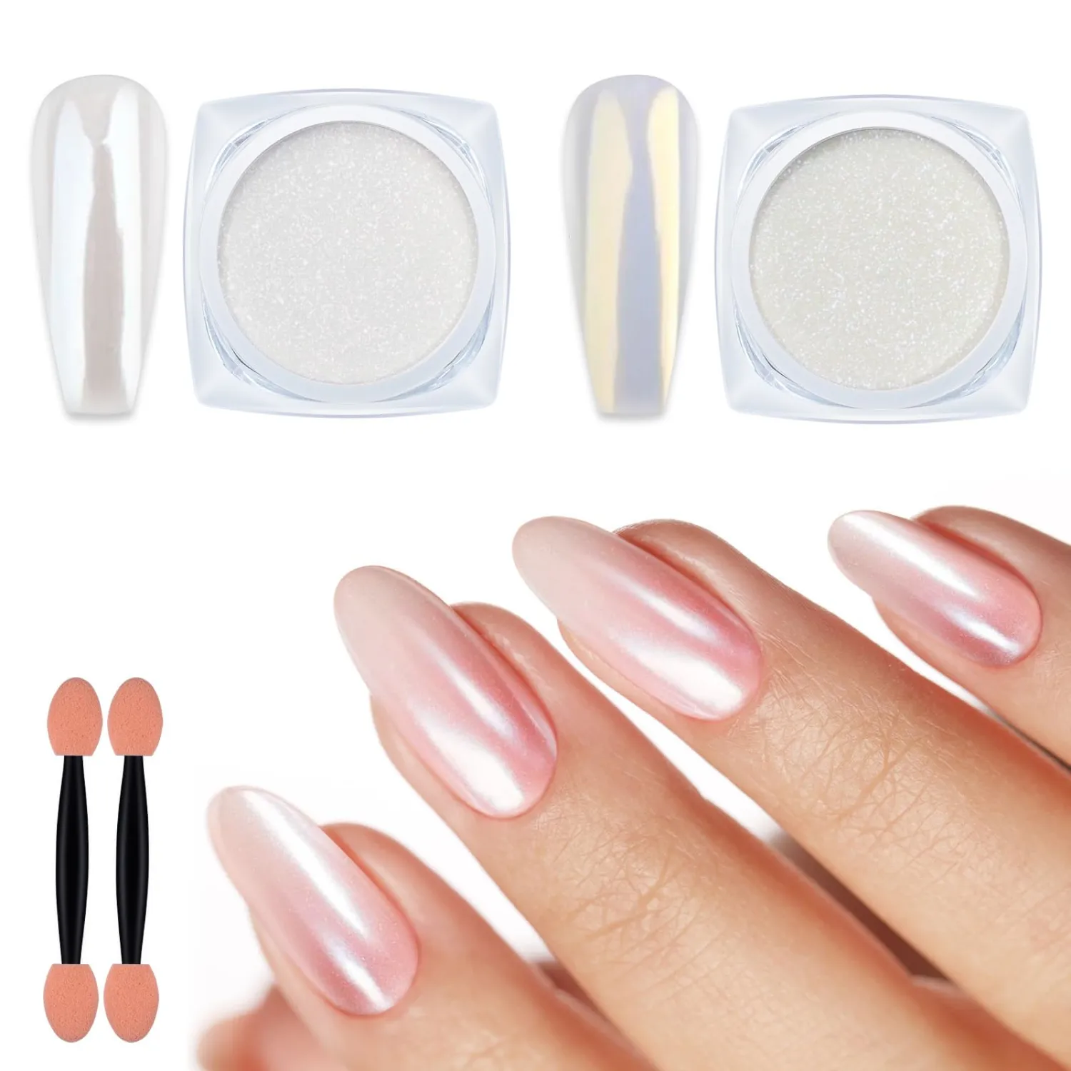 2 Jars Chrome Nail Powder White and Gold Pearl | Iridescent Aurora Powder Metallic Mirror Effect Pigment Pearlescent Mermaid Pearl Glitter Dust Kit