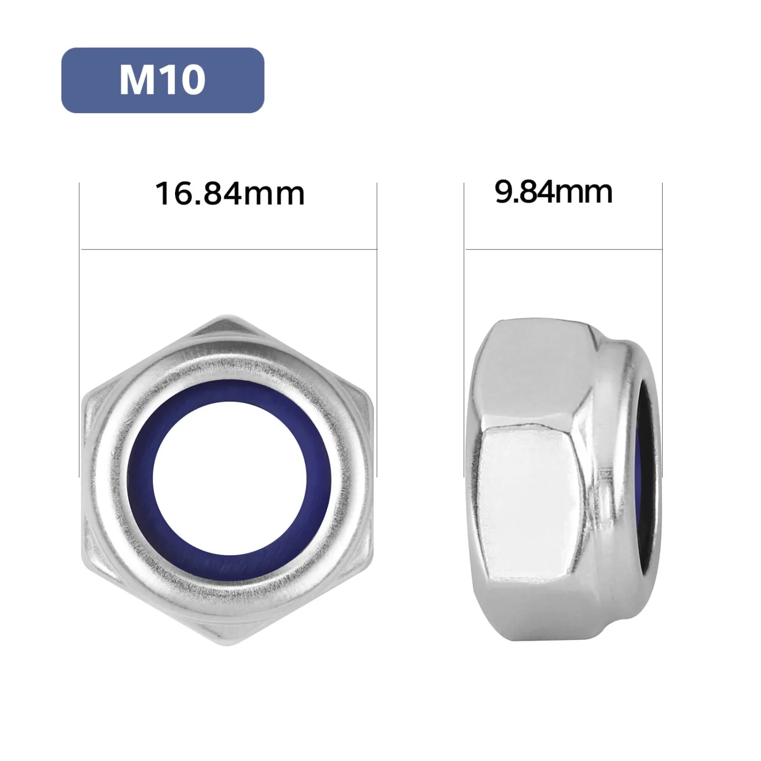 10Pcs M10-1.5 Lock Nuts, Nylon Insert Locknuts 304 Stainless Steel 18-8 SS A2-70 Self-Locking Nuts, Coarse Thread Hex Nylock Nut