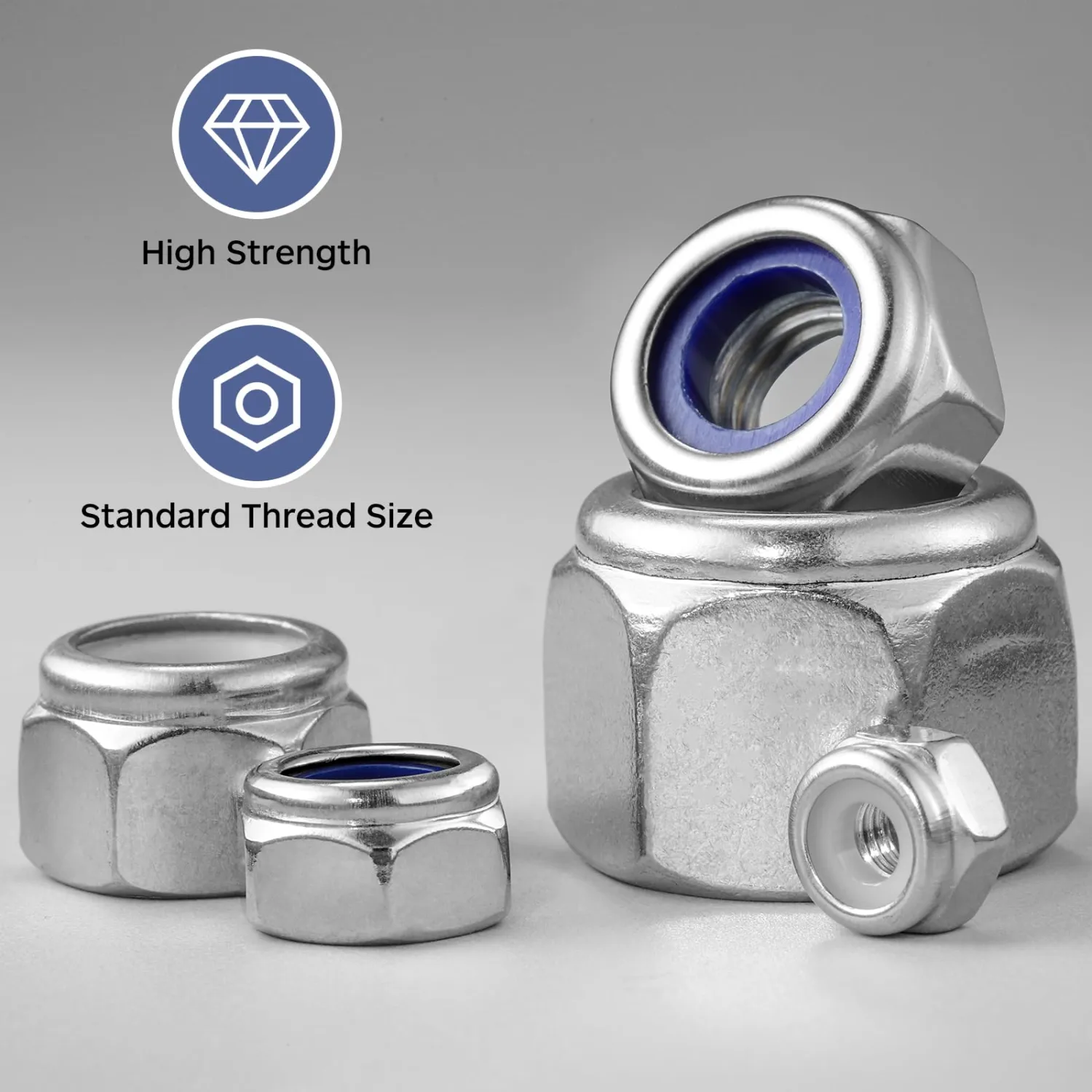 10Pcs M10-1.5 Lock Nuts, Nylon Insert Locknuts 304 Stainless Steel 18-8 SS A2-70 Self-Locking Nuts, Coarse Thread Hex Nylock Nut