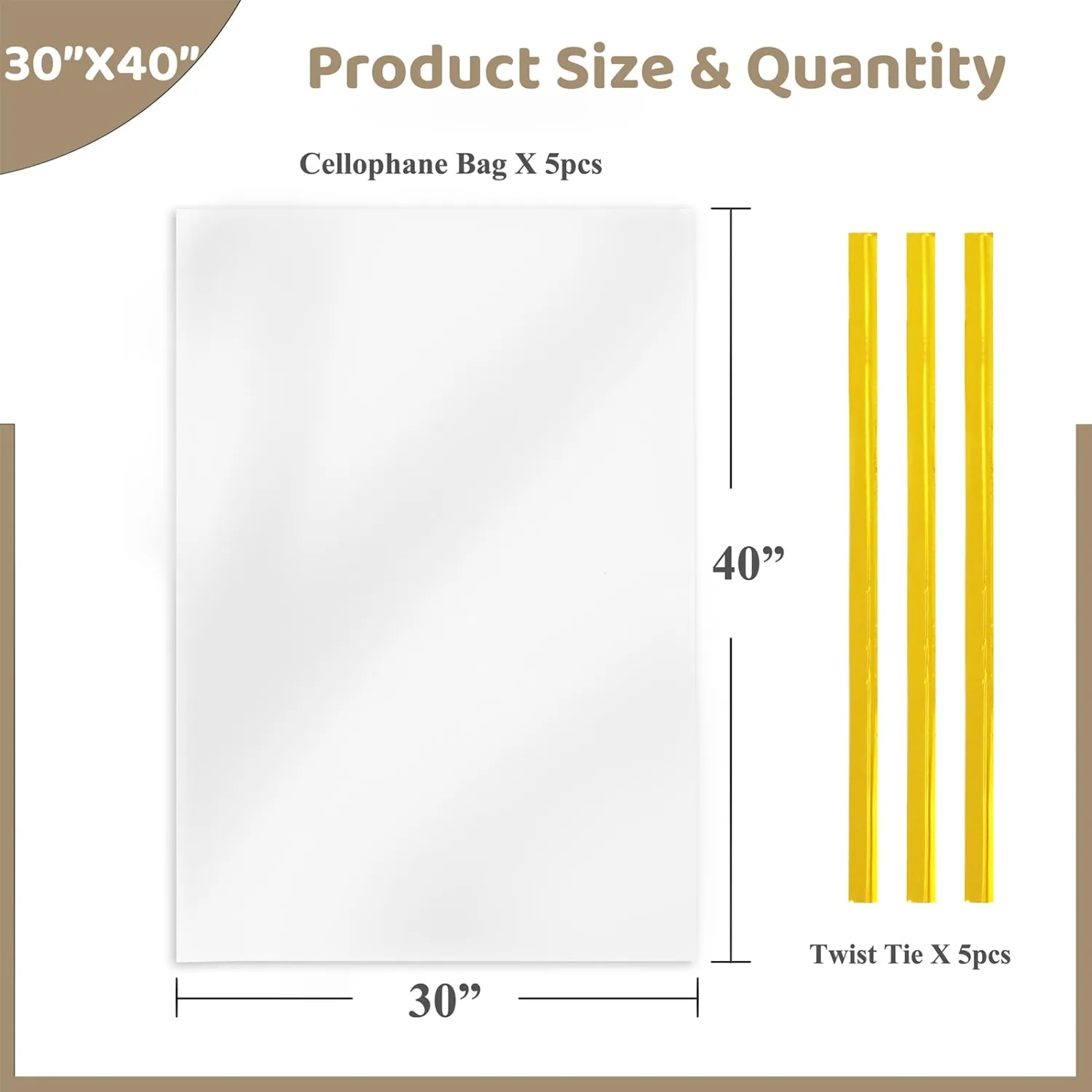 WIKDAY Large Cellophane Wrap for Gift Baskets,30x40 Inches, 5 Pack | with Twist Ties, Cellophane Bags for Gift Giving & Packaging Raffle Baskets, Easter, Baby Shower, Wedding, Wrapping Flowers