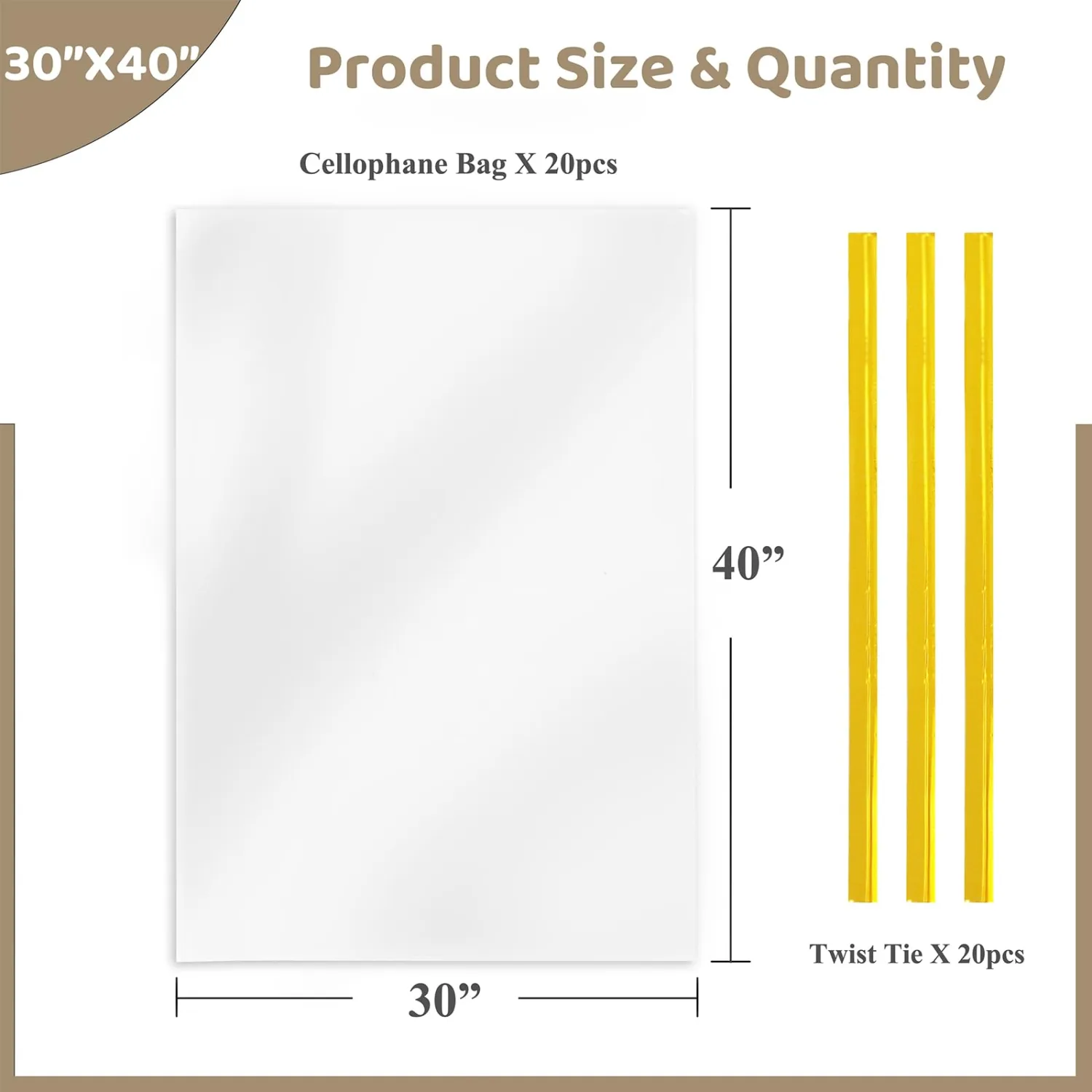 WIKDAY Large Cellophane Wrap for Gift Baskets,30x40 Inches, 20 Pack | with Twist Ties, Cellophane Bags for Gift Giving & Packaging Raffle Baskets, Easter, Baby Shower, Wedding, Wrapping Flowers