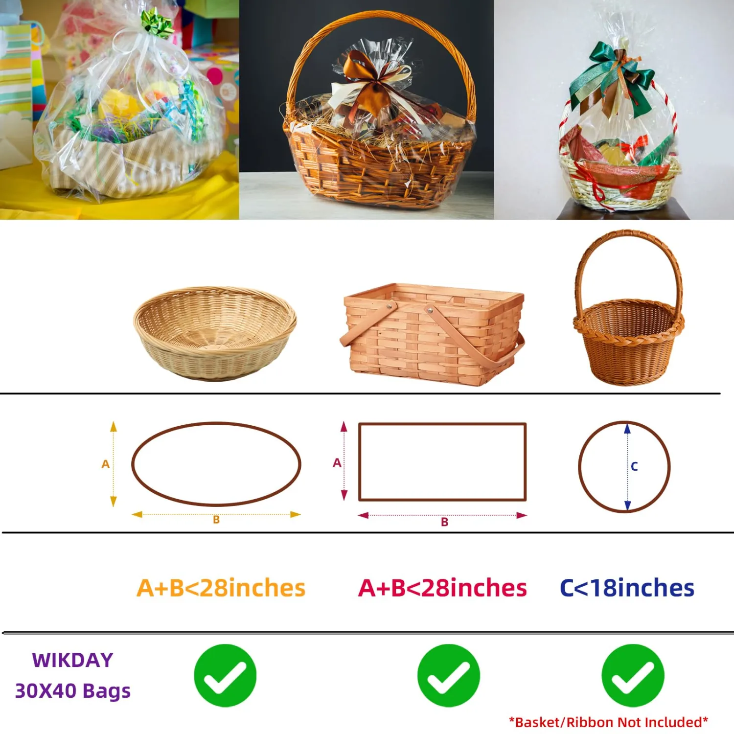 WIKDAY Large Cellophane Wrap for Gift Baskets,30x40 Inches, 20 Pack | with Twist Ties, Cellophane Bags for Gift Giving & Packaging Raffle Baskets, Easter, Baby Shower, Wedding, Wrapping Flowers